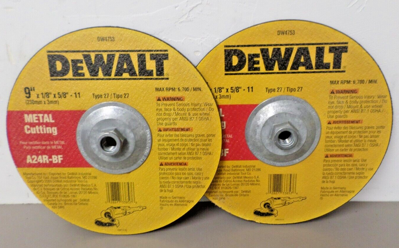 2 – DeWalt DW4753 Type 27 Metal Cutting Grinding Wheels A24R-BF 9 x 1/8 x 5/8-11