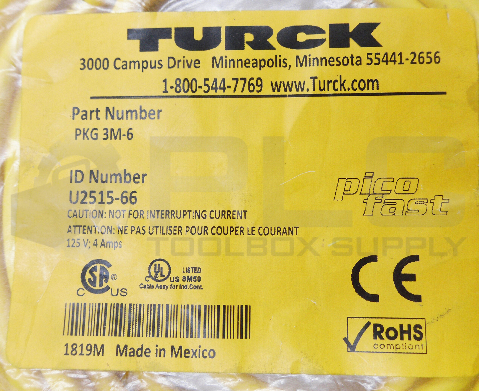 SEALED NEW TURCK PKG 3M-6 SINGLE ENDED CORDSET 6M 125V 4A U2515-66