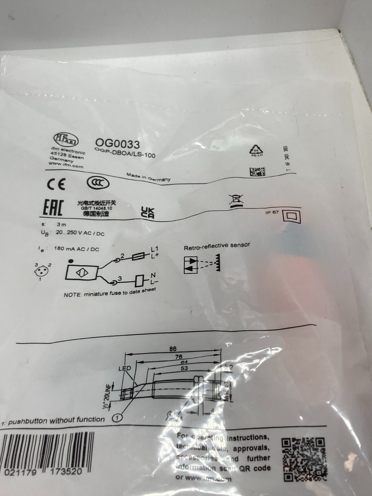 IFM OGP-DBOA/LS-100 (OG0033) RETRO REFLECTIVE SENSOR 3M 20-250VAC 45-65HZ NIB