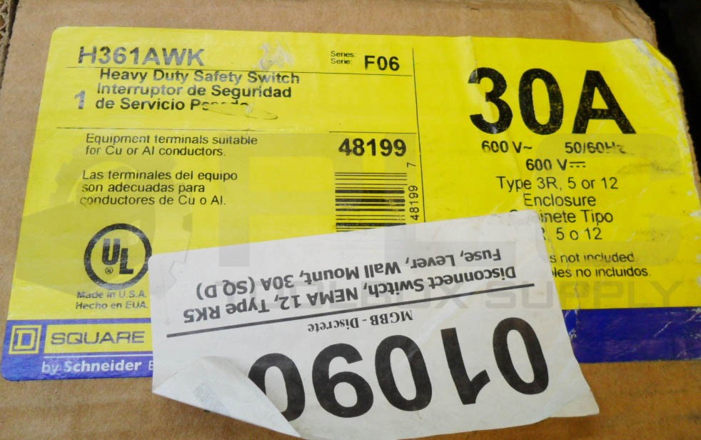 NEW SQUARE D H361AWK /F06 HEAVY DUTY SAFETY SWITCH 30A 600V 50/60HZ 48199 *READ*