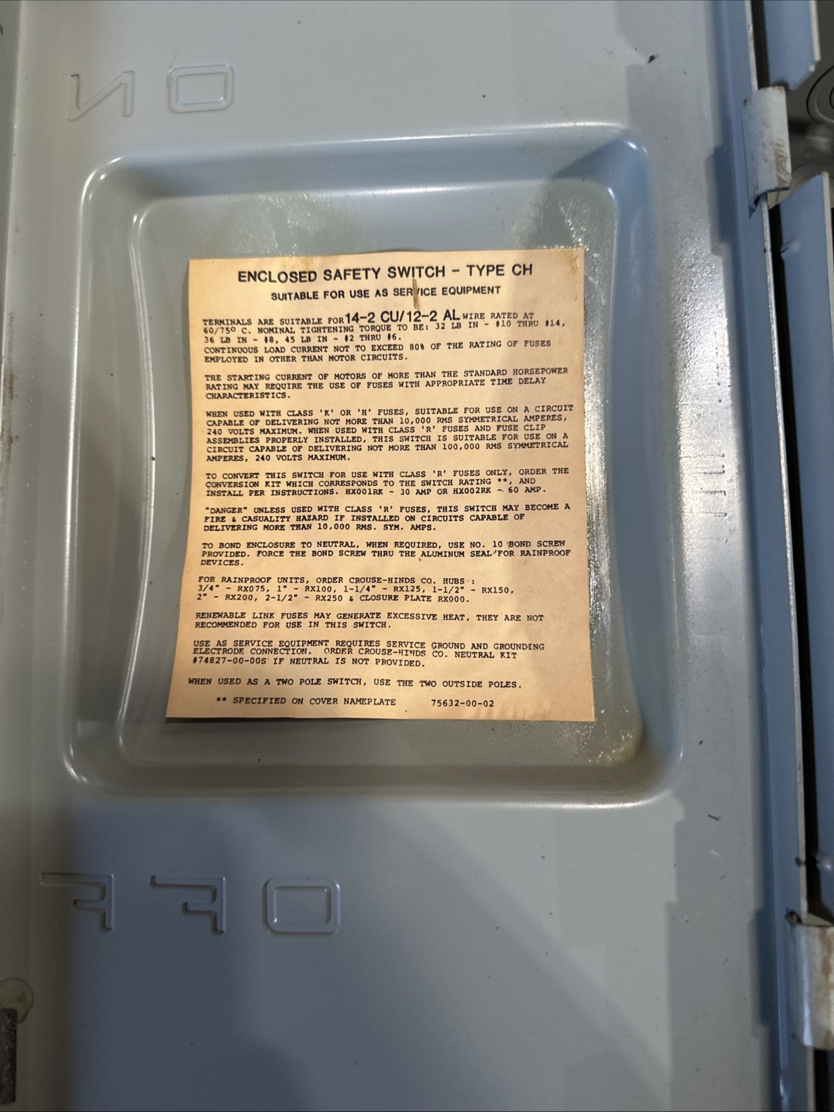 🔴Eaton Crouse Hinds CH322N 240VAC 60A Safety Switch Disconnect‼️VINTAGE‼️