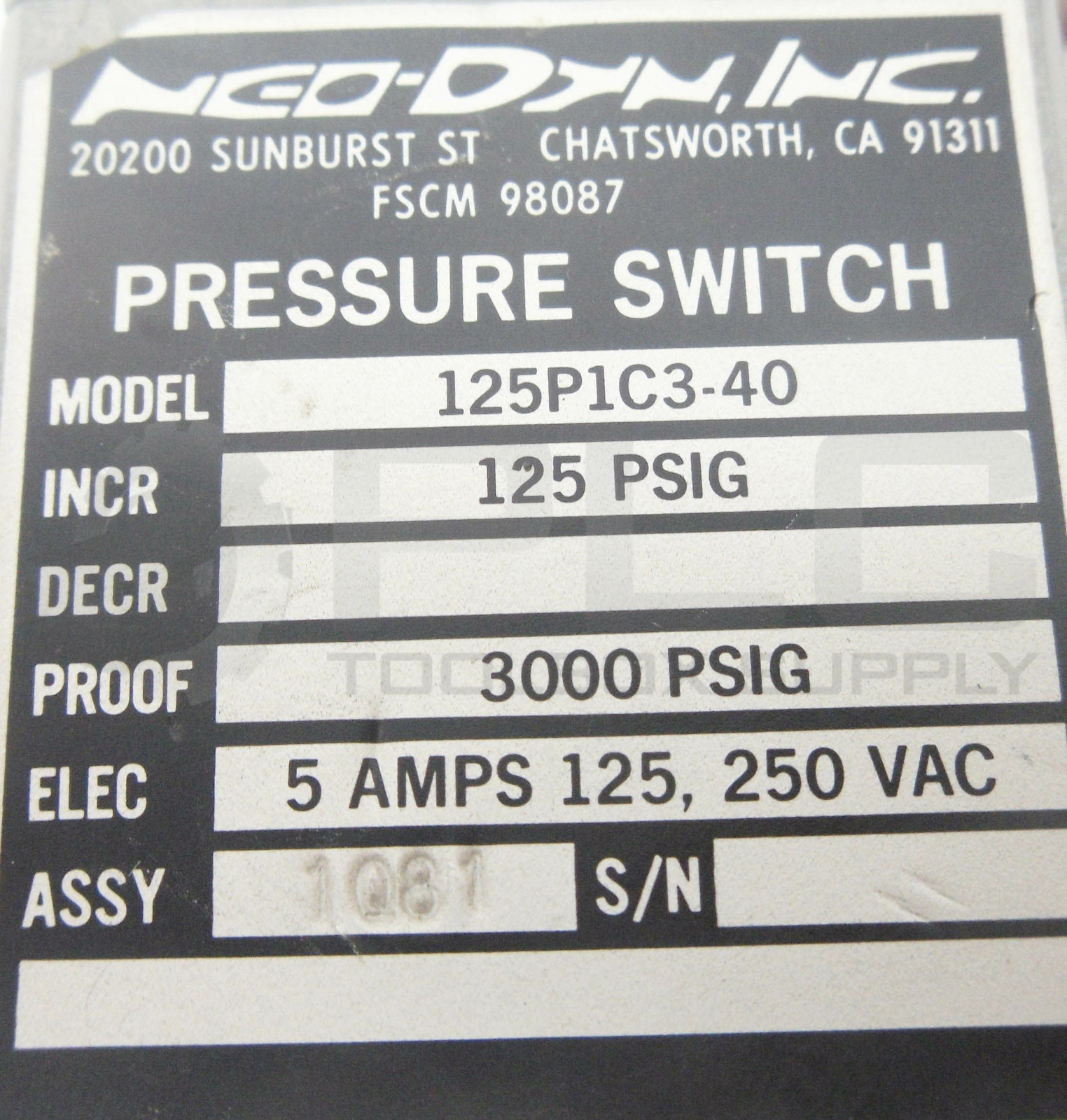 NEW NEO-DYN 125P1C3-40 PRESSURE SWITCH INCR 125PSIG PROOF 3000PSIG