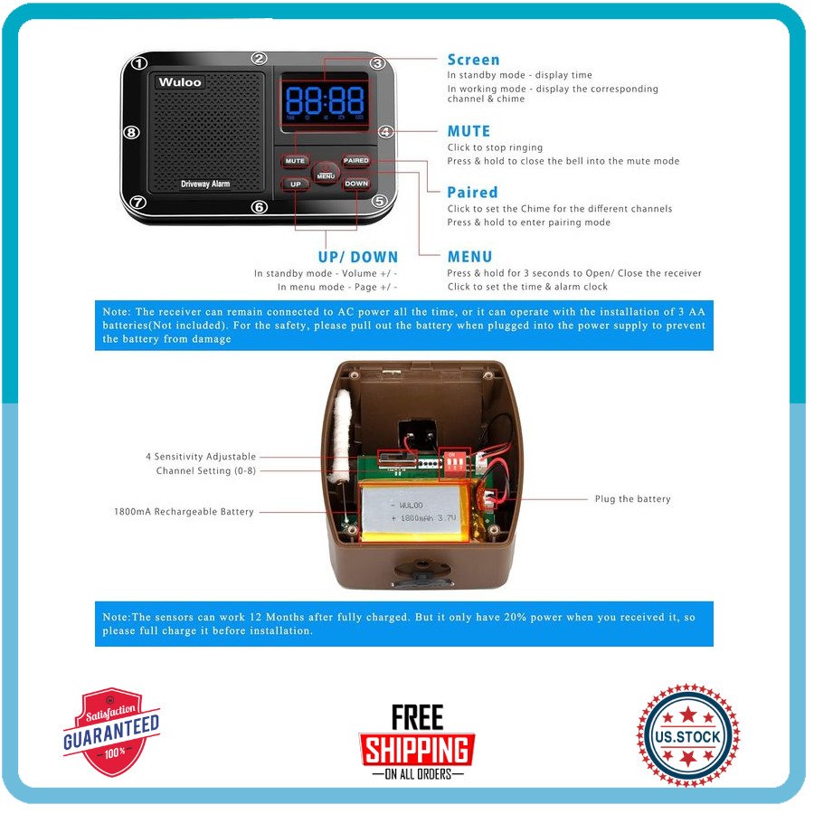 Solar Wireless Driveway Alarm 1800ft Range Rechargeable & Weatherproof