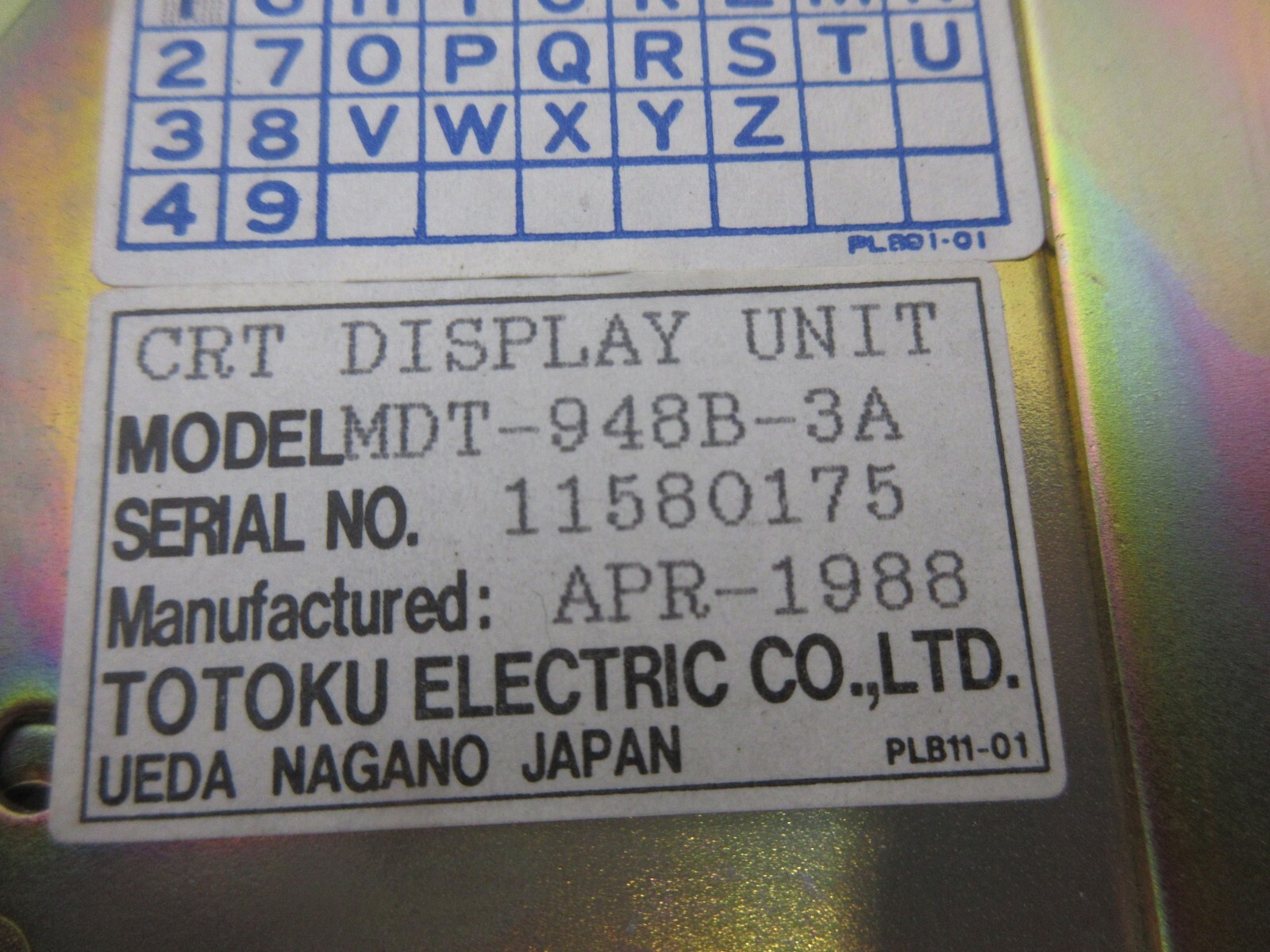 *SPECIAL PRICE* TOTOKU CRT DISPLAY UNIT MDT-948B-3A 11580175 APR-1988 PLB11-01