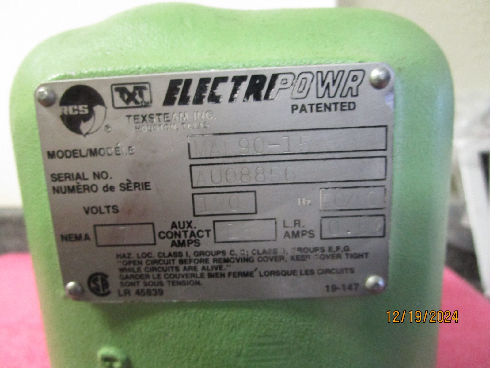 Texsteam RCS ElectriPowr Actuator MAR90-15 120V 50/60Hz NEMA7 15A