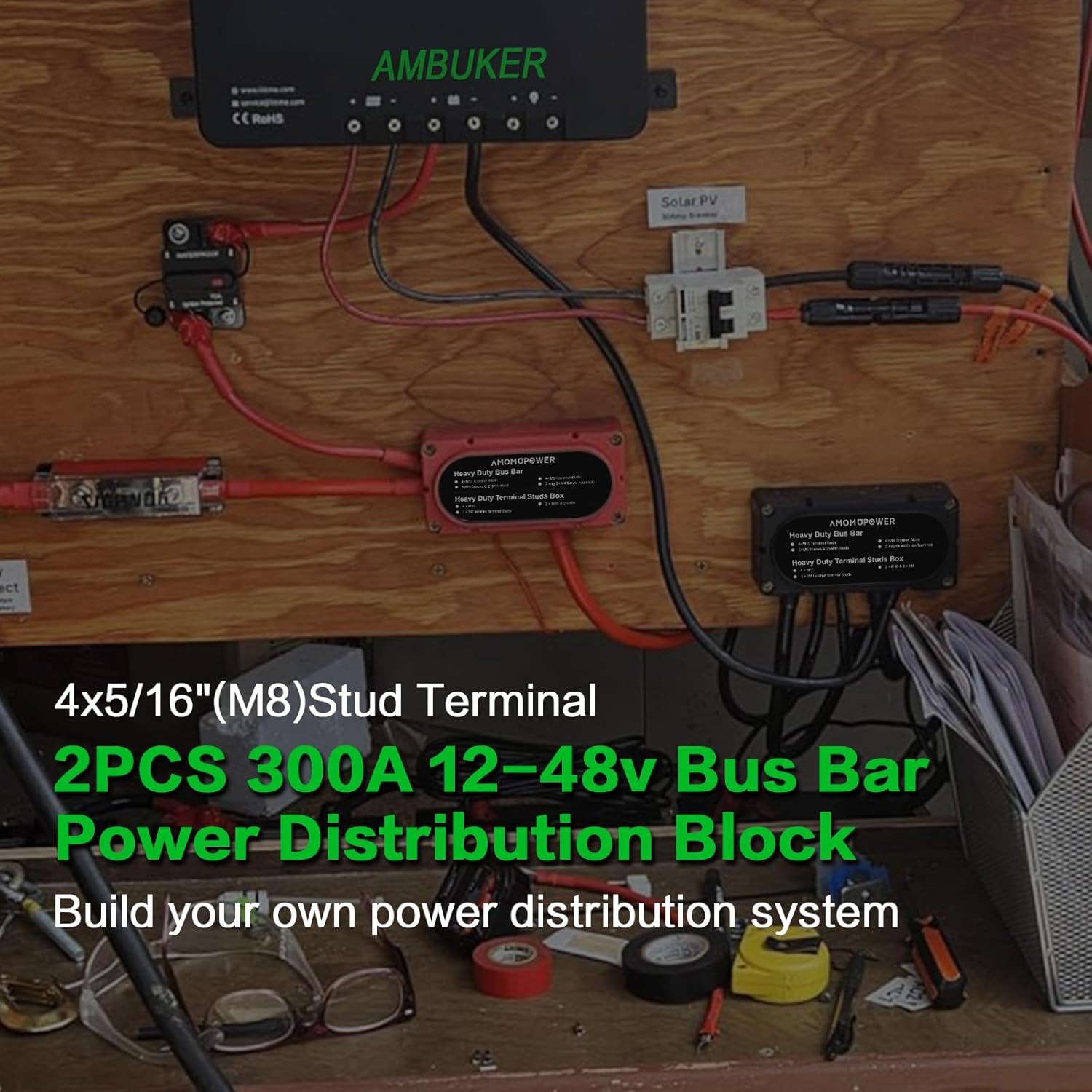 2Pcs 300A Busbar 12-48V DC Heavy Duty Copper Power Distribution Black&Red
