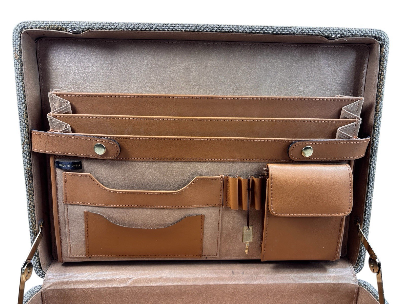 VINTAGE Jute Attaché Burlap Briefcase with Keys Leather Trim Brass Hardware