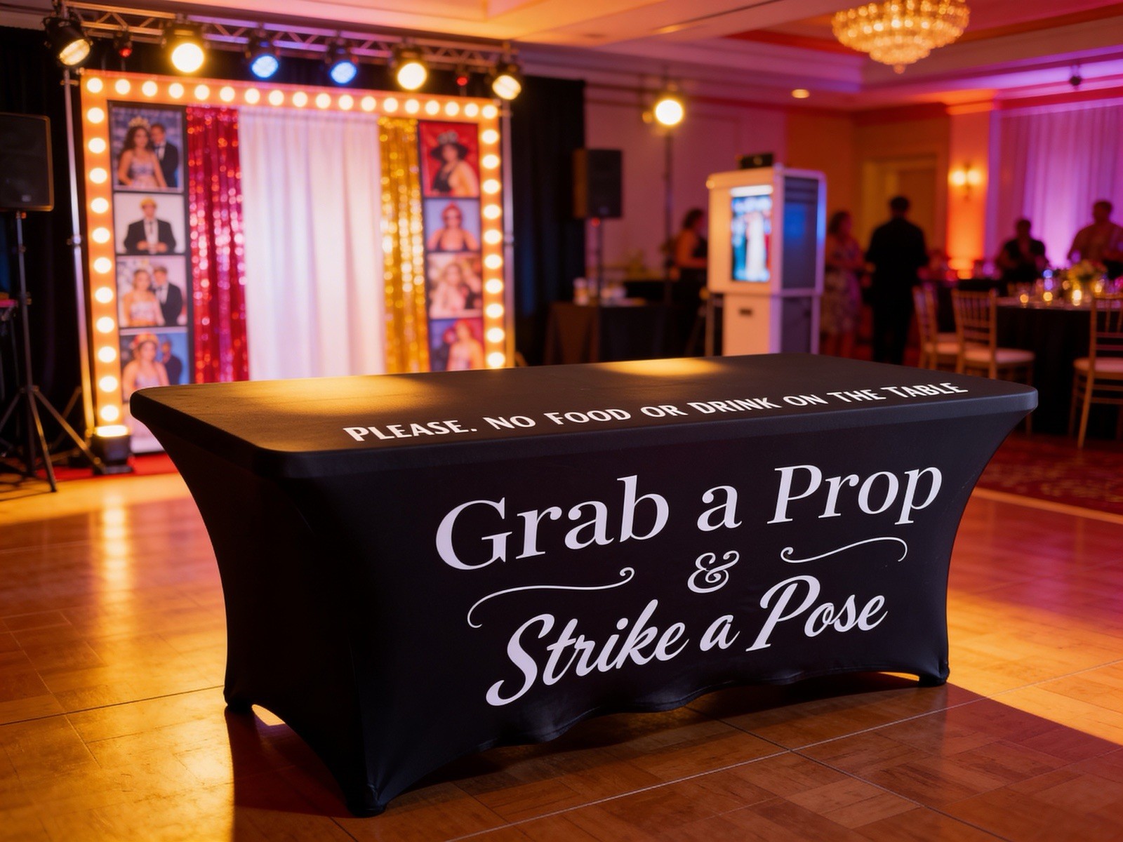 6ft Photo Booth Black Stretch Rectangle Tablecloth “Grab a Prop”