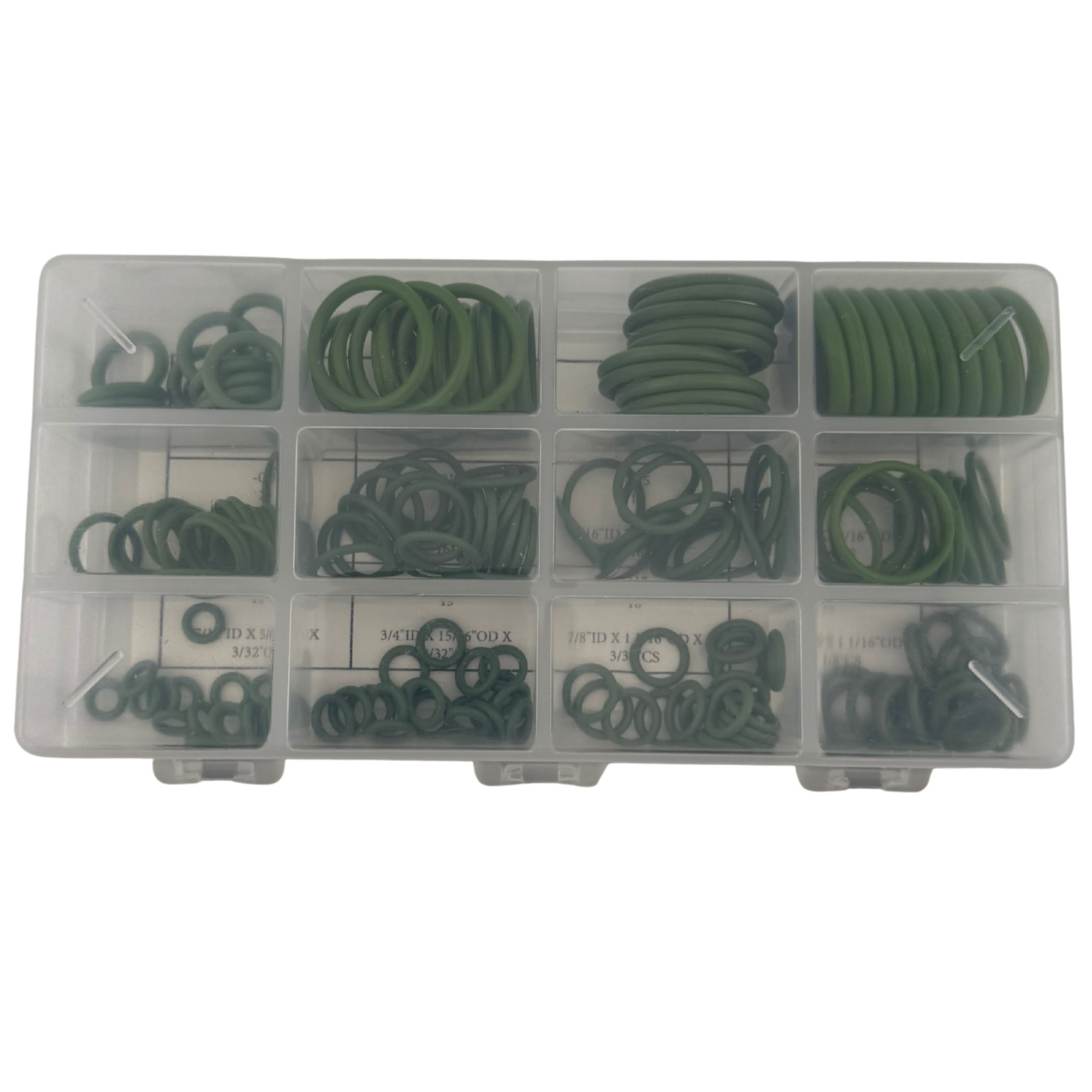 Automotive A/C O-Ring Kit, 200 Piece HNBR 70A Assortment, 12 AS568 Sizes, Green