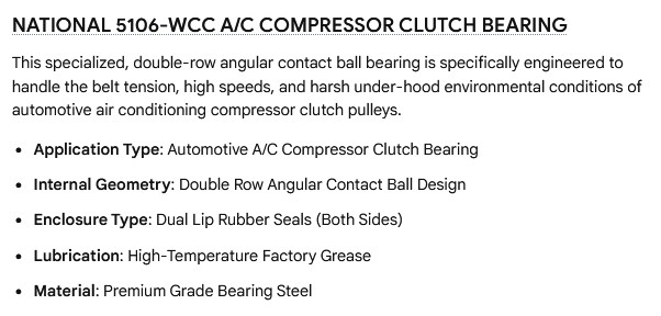 1 NEW NATIONAL 5106-WCC A/C COMPRESSOR CLUTCH BEARING NIB ***MAKE OFFER***