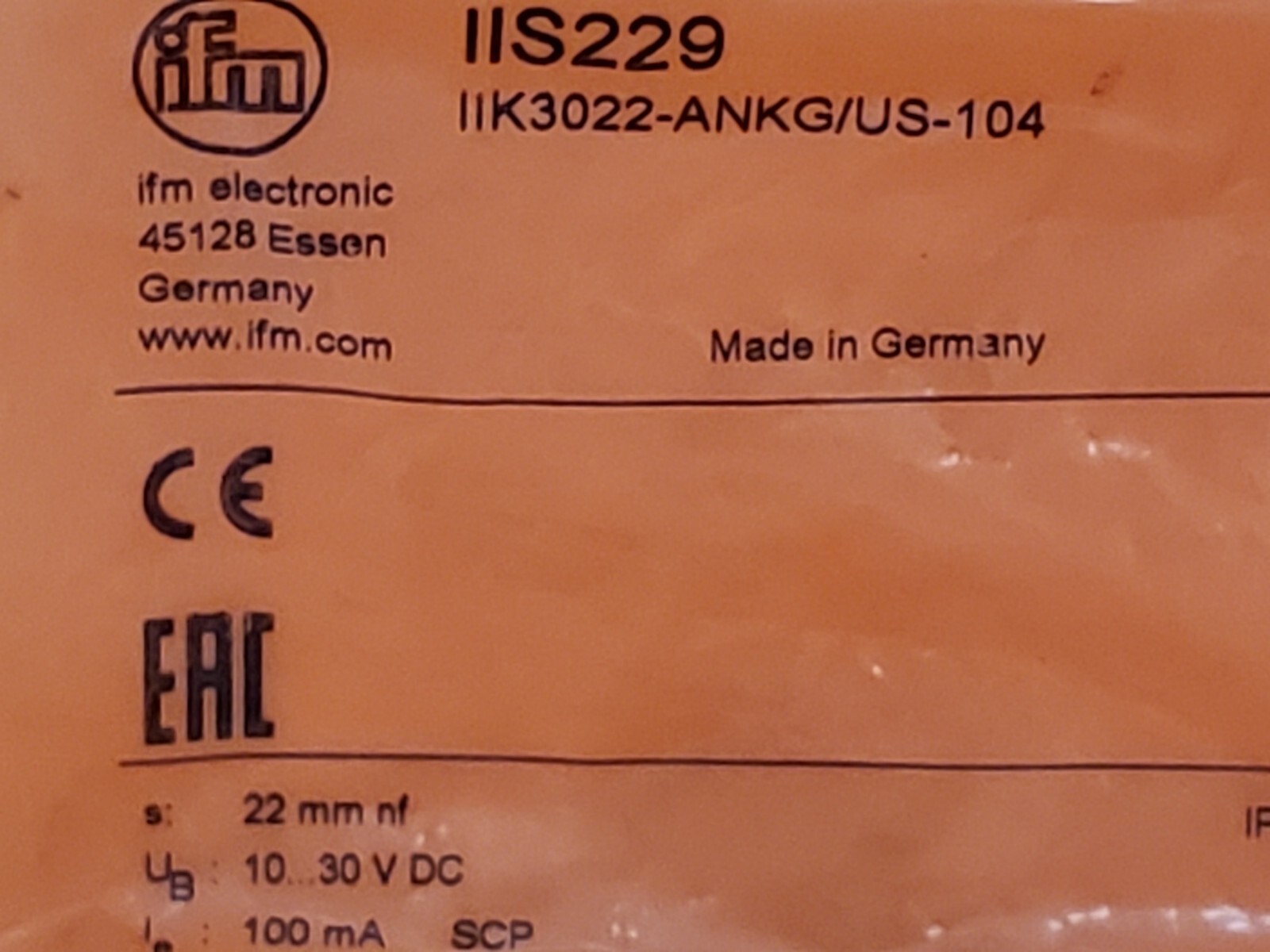IFM ELECTRONIC IIK3022-ANKG/US-104 PROXIMITY SENSOR NPN 4 PIN NO (IIS229) NIB