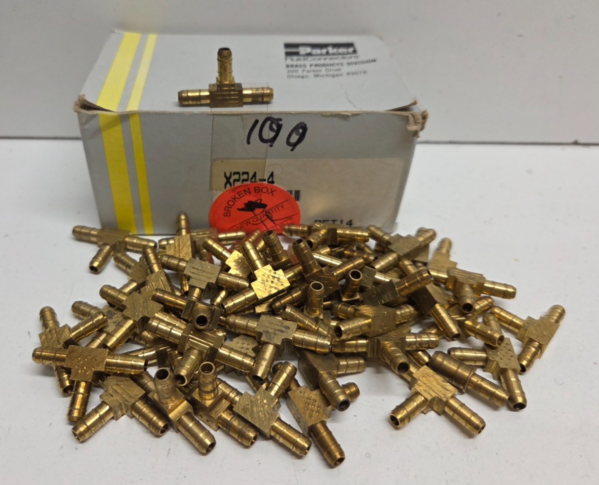 LOT OF 48 NEW IN BOX! PARKER 1/4″ TUBE OD BRASS BARB TEES X224-4