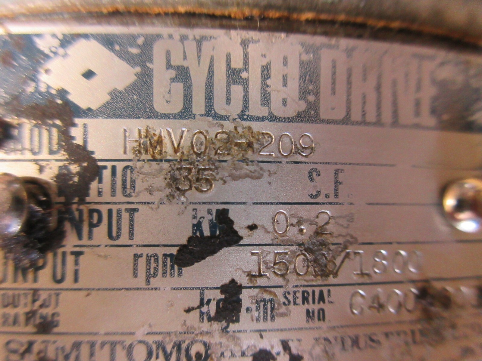 SUMITOMO CYCLO DRIVE GEAR MOTOR TYPE TG-F HMV02-209 HITACHI SEIKI HG630 CNC MILL