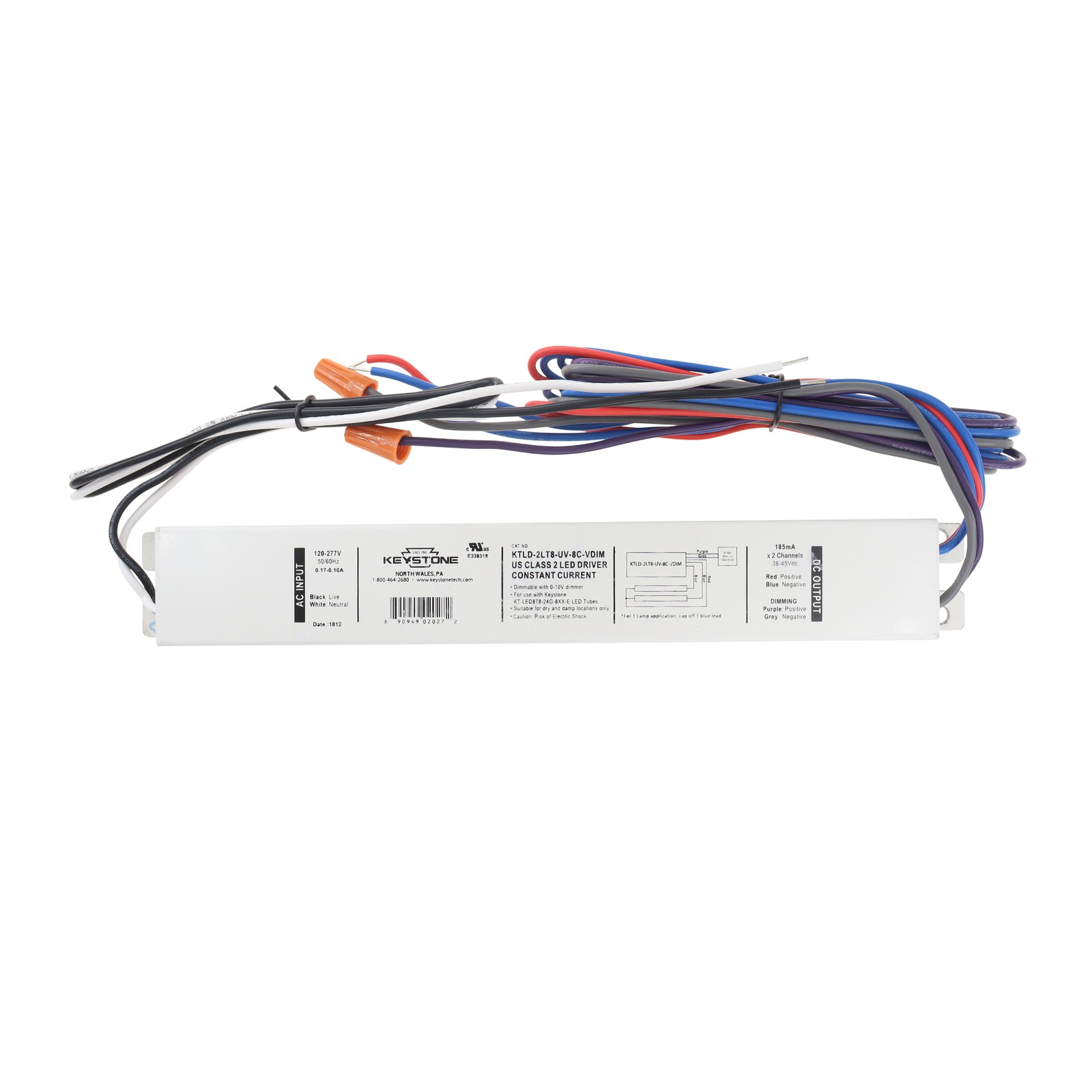 KEYSTONE KTLD-2LT8-UV-8C-VDIM T8 LED TUBE DRIVER, 2-LAMP T8, 0-10V, 120-277V