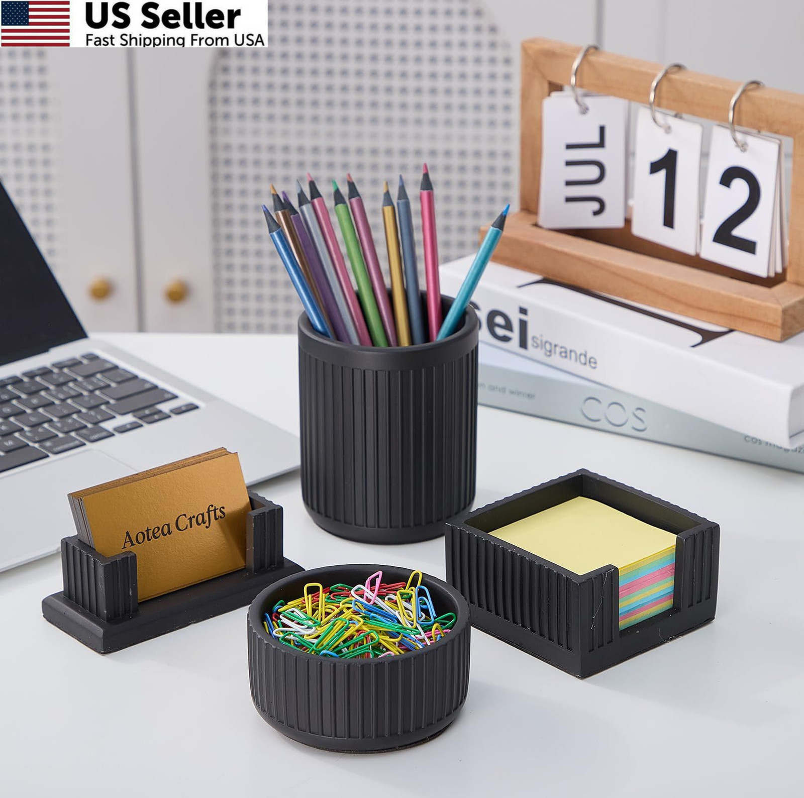 Set of 4 – Concrete Desk Accessories For Modern, Industrial, Charcoal Black