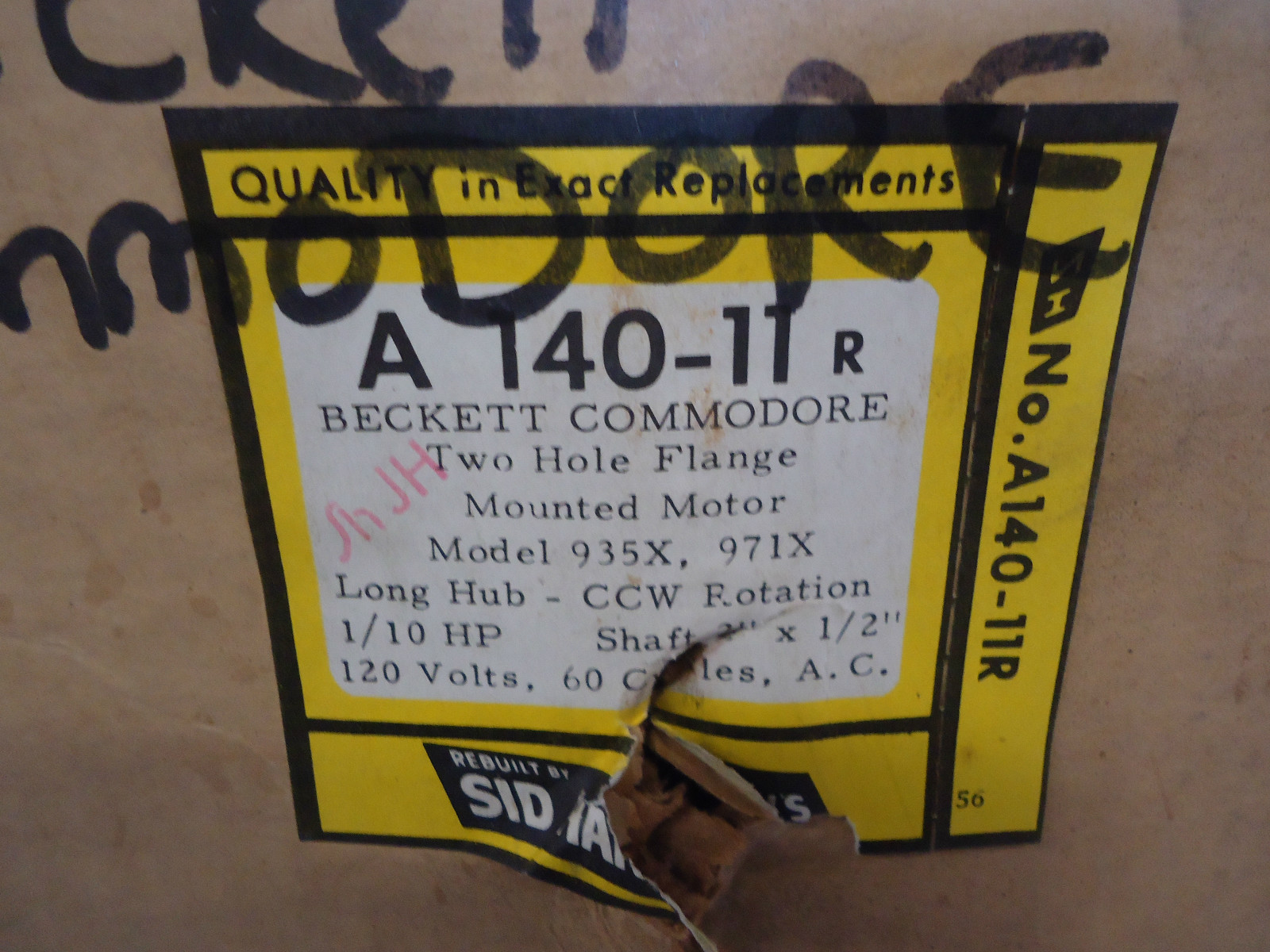 NEW SID HARVEY’S A140-11R 1/10HP 120V 1725RPM ROT.CCW TWO HOLE FLANGE MOTOR