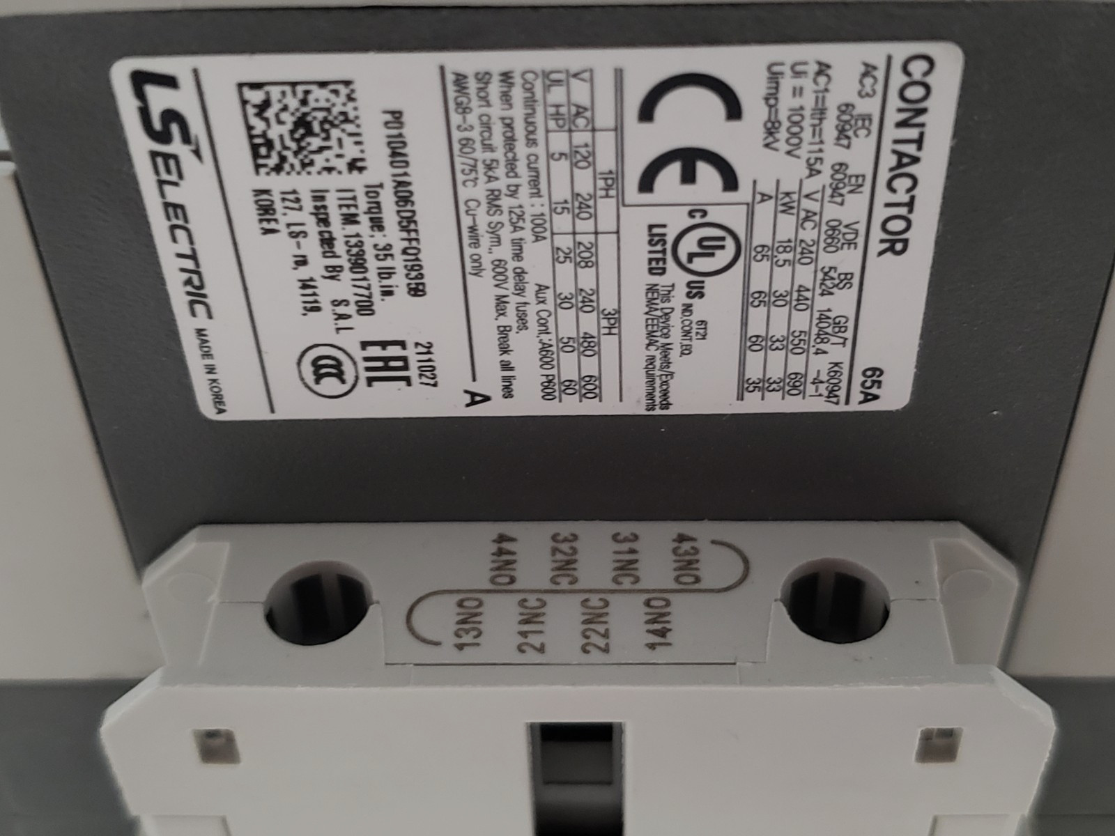 LS ELECTRIC MC-65A-22-DC24V CONTACTOR 3 POLE 65A 2NO 2NC 24VDC NIB