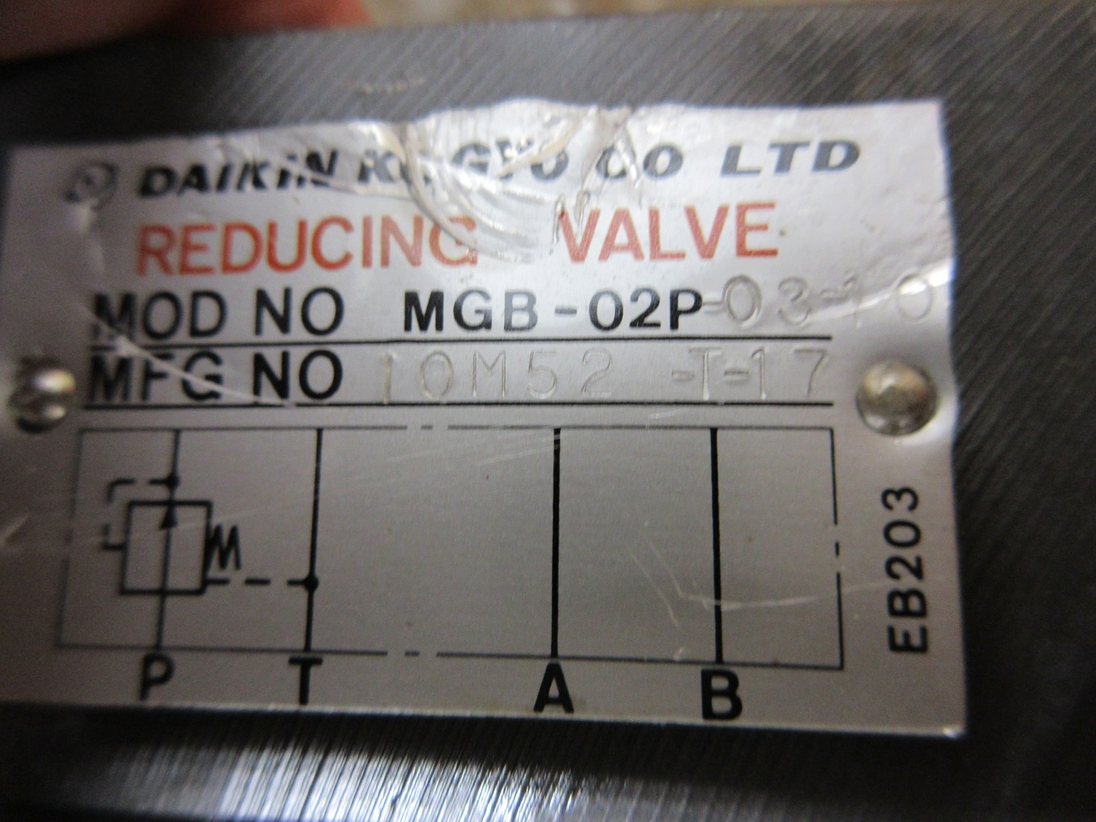 MORI SEIKI SL1 DAIKIN KOGYO REDUCING VALVE MGB-02P-03-10