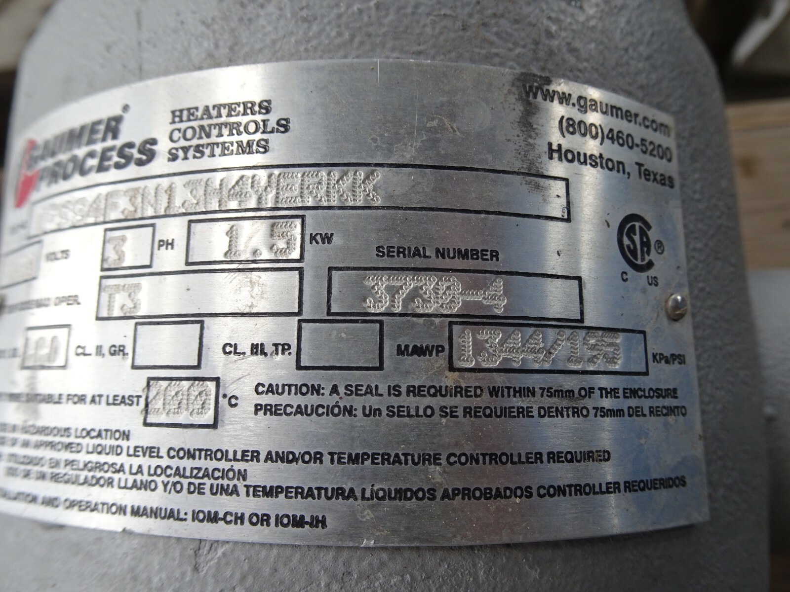 GAUMER PROCESS immersion HEATER 480 VAC 3 PHASE 1.5 KW STAINLESS 1344psi high