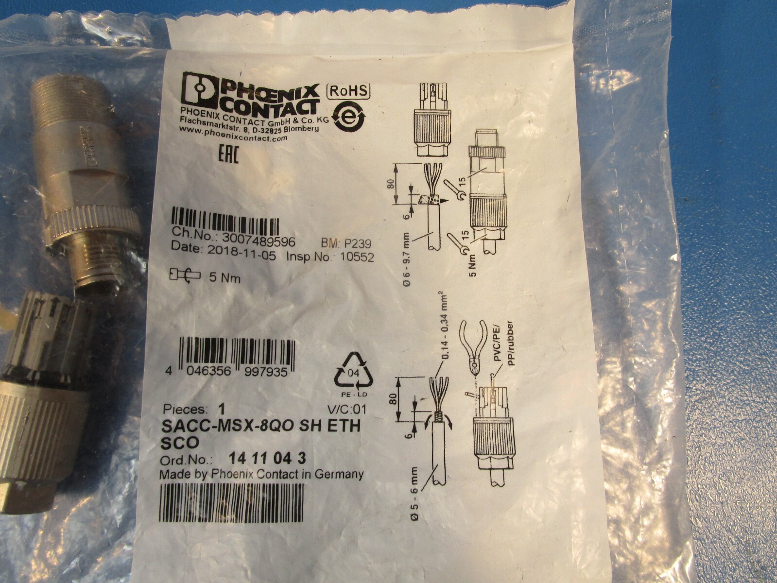 Phoenix Contact SACC-MSX-8QO SH ETH SCO, 1411043 Data Connector Plug