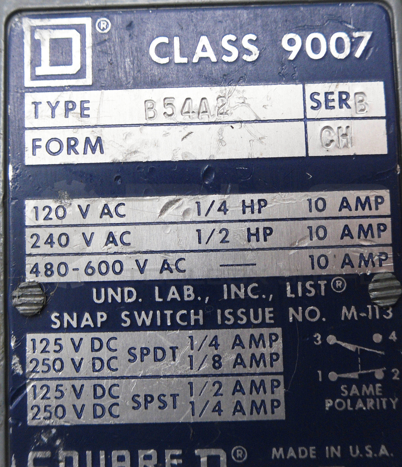 SQUARE D 9007 B54A2 /B LIMIT SWITCH 600VAC 1/2HP 10A *READ*