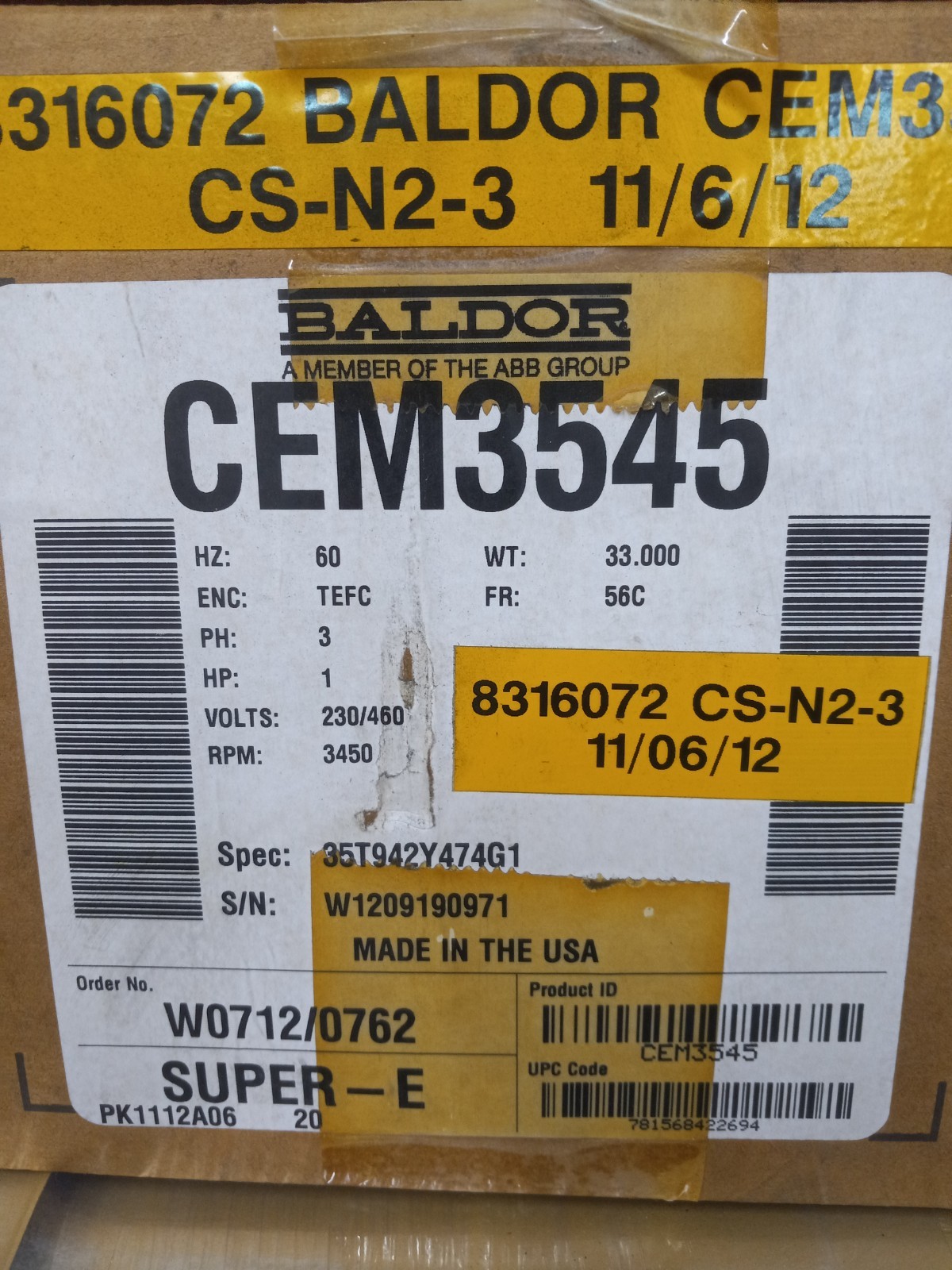 1HP BALDOR RELIANCE EM3546T 1760RPM 60HZ 208-230/460V