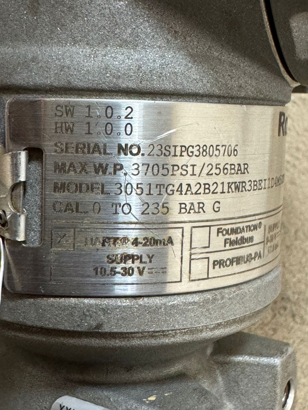 Rosemount / Pressure Transmitter / 3051TG4 / WP 3705PSI-256BAR / Cal. 0-235BAR G