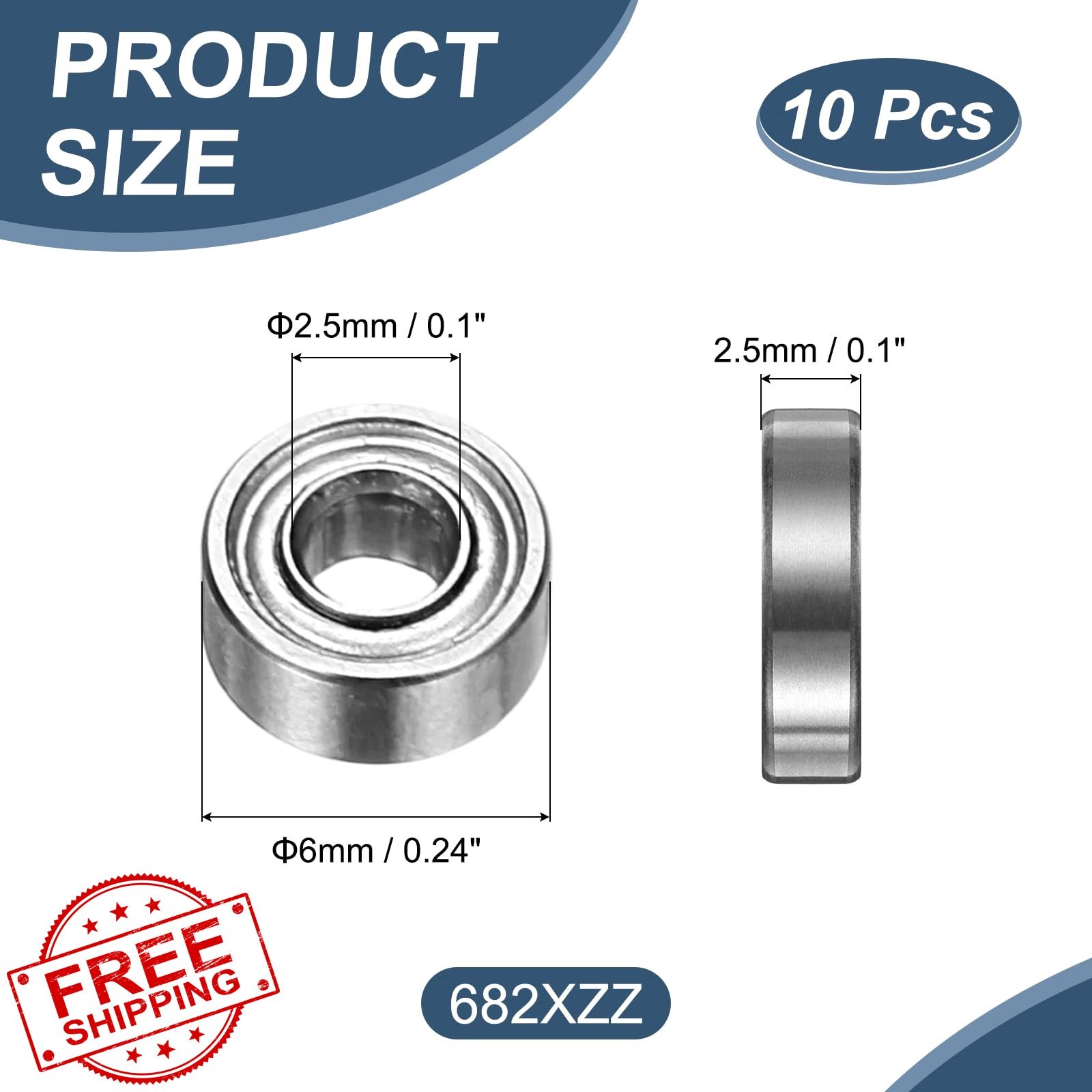 uxcell 10 Pack 682XZZ Deep Groove Ball Bearings, 2.5 x 6 x 2.5mm Chrome Steel…