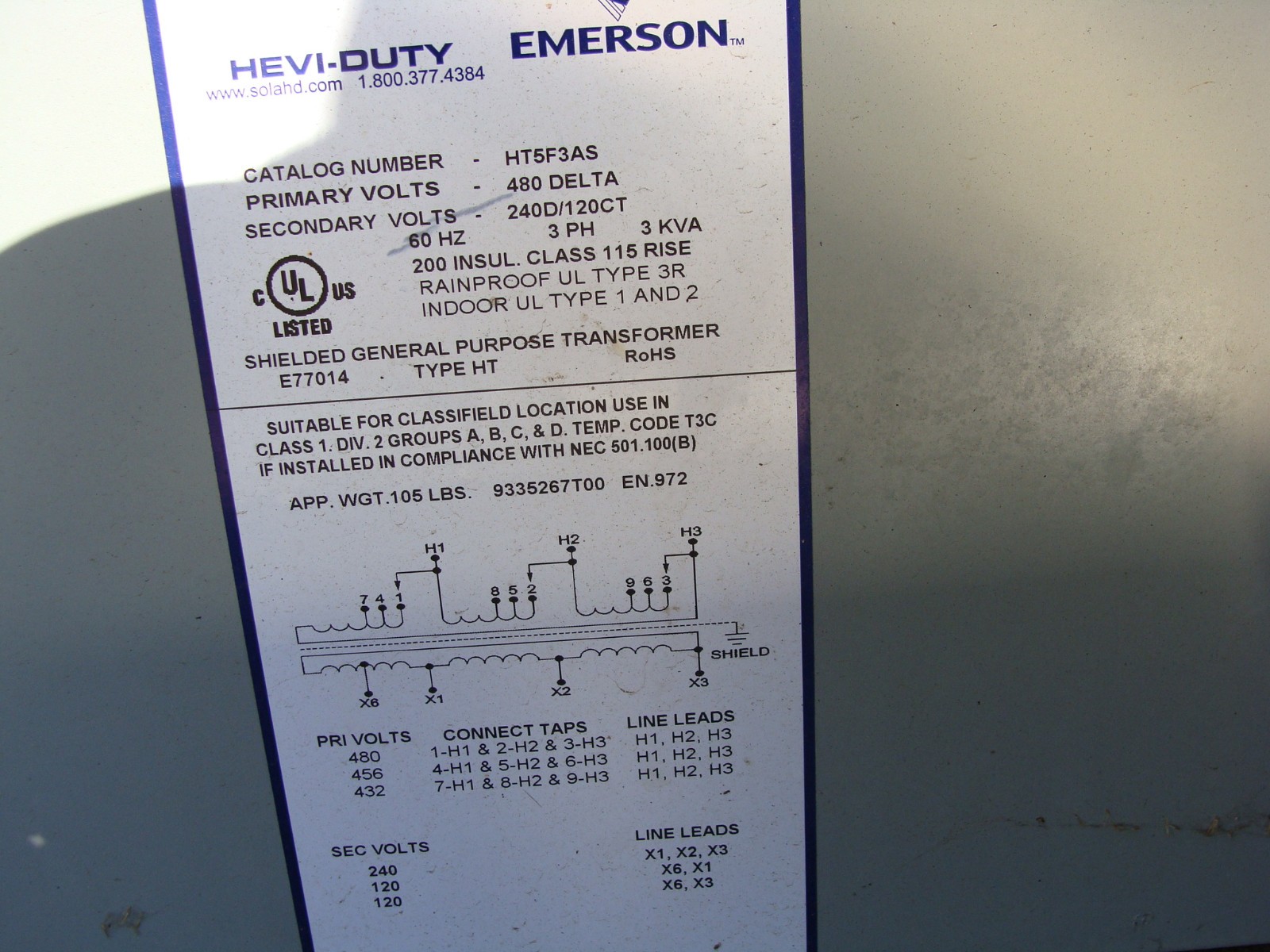EMERSON HEVI-DUTY TRANSFORMER HT5F3AS 3 PH 3 KVA 240/480V