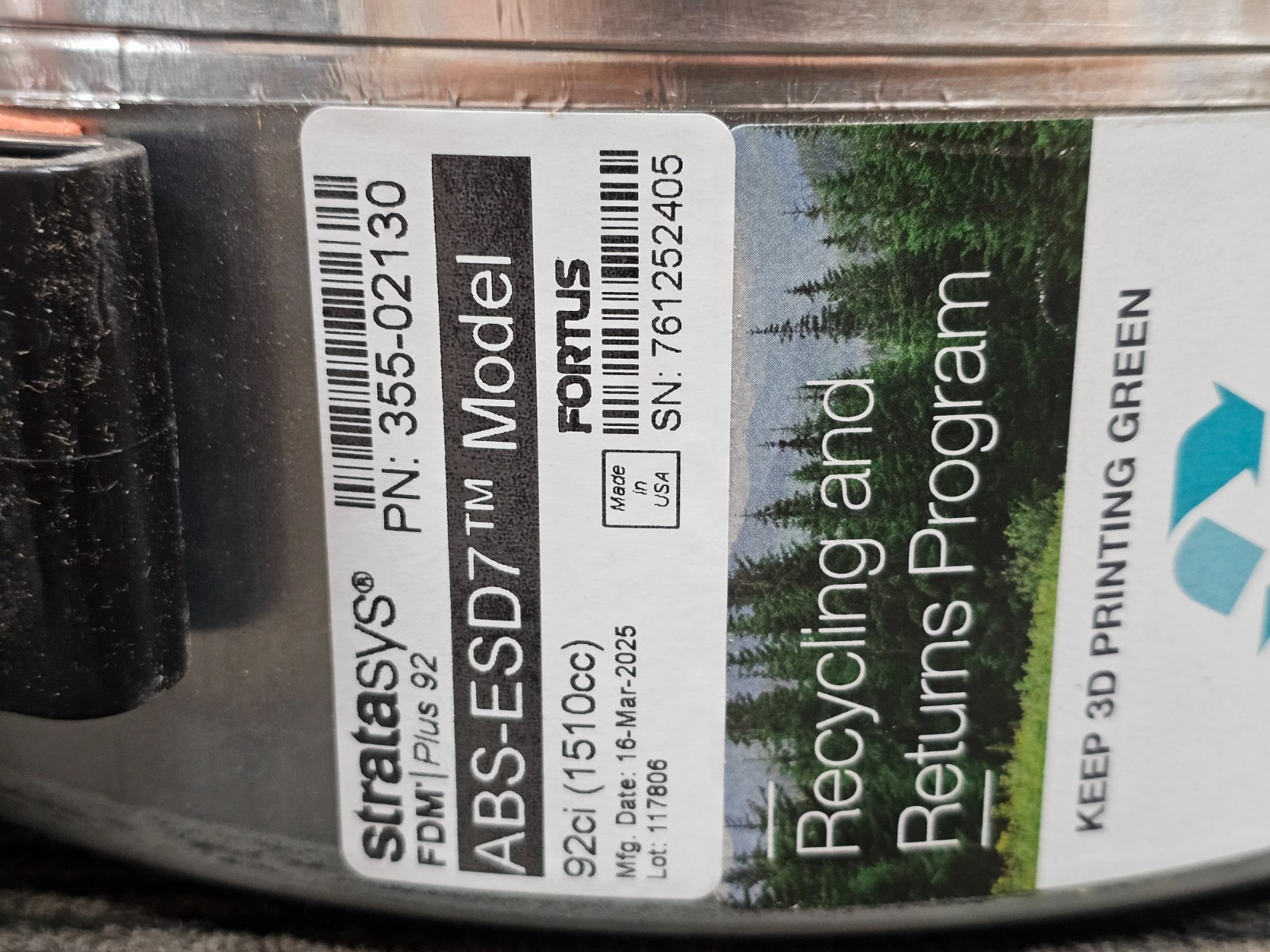 Stratasys 355-02130 ABS-ESD7 Filament Plus Canister, Black For Fortus 360mc Plus