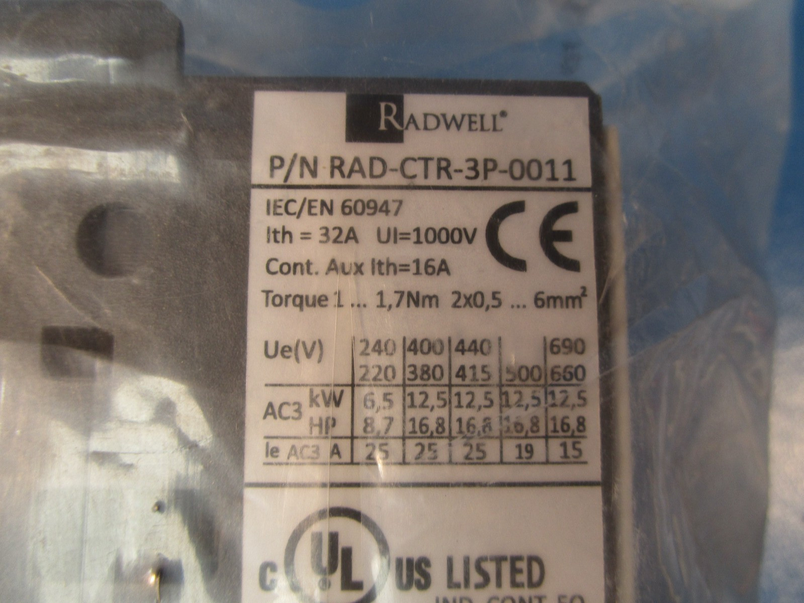 RADWELL RAD-CTR-3P-0011, CONTACTOR, STANDARD, NON-REVERSING, 3 POLE, 25 amps, 11