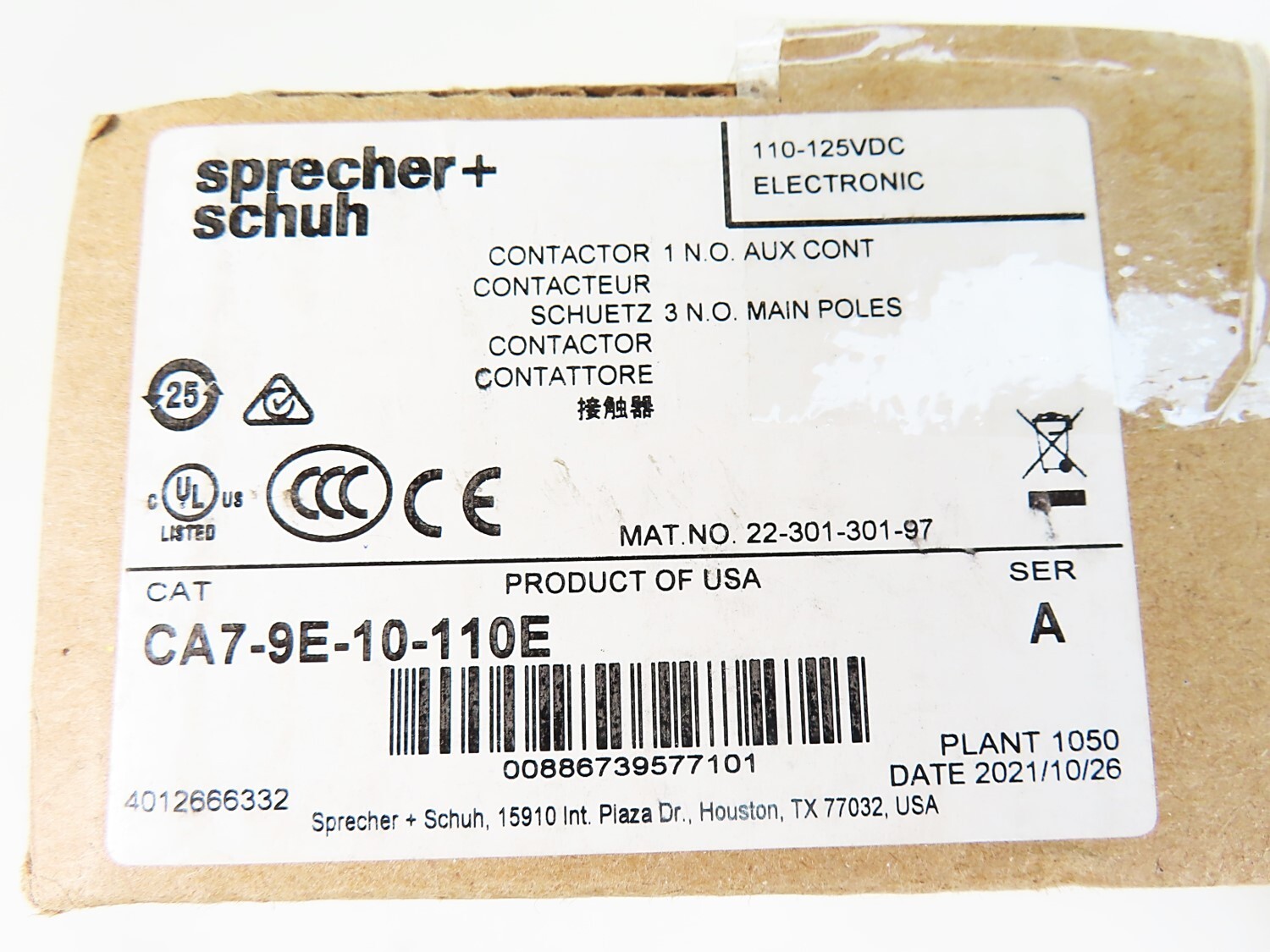 Sprecher + Schuh CA7-9E-10-110E 3P Contactor 32A 600V Max NIB