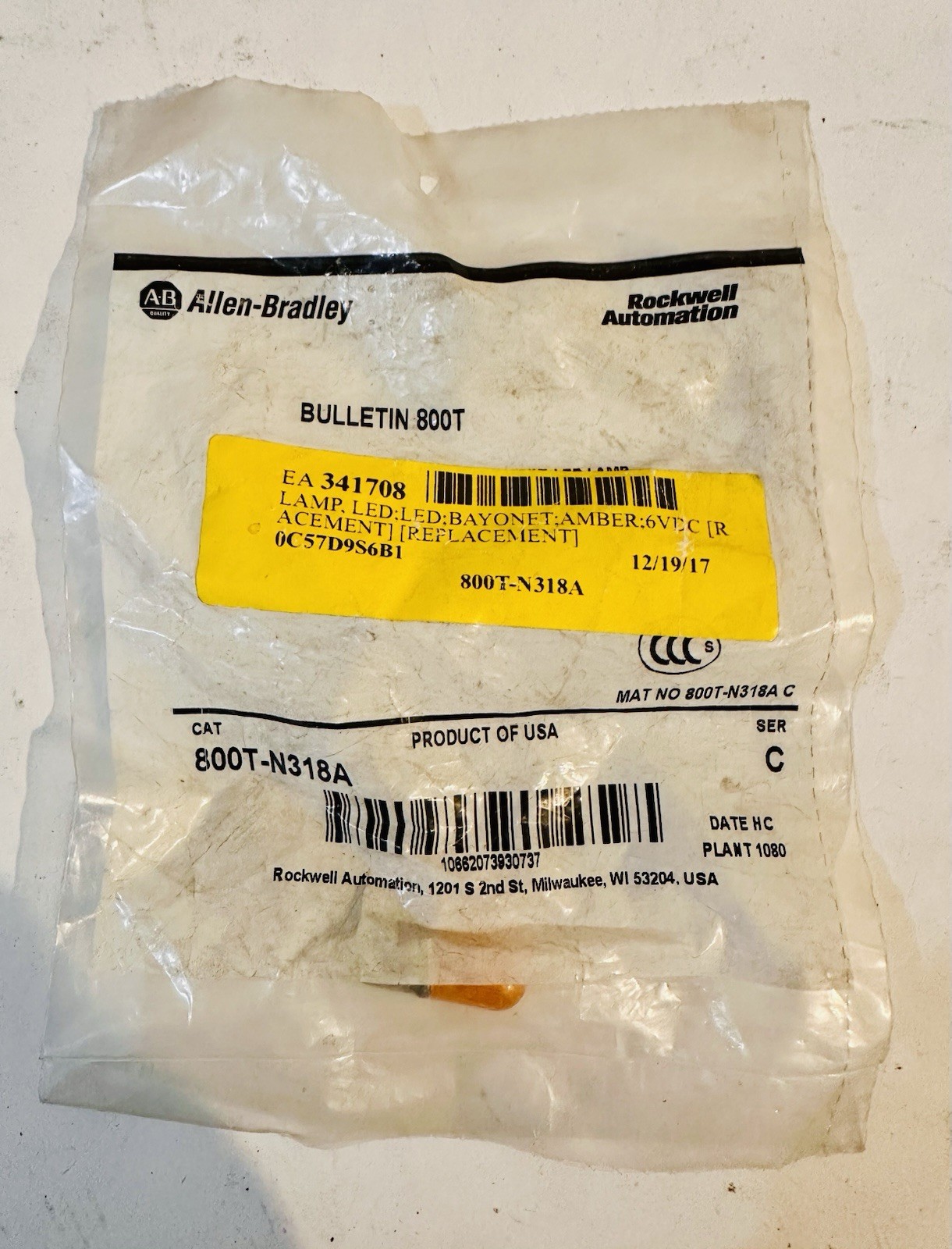 Allen Bradley 800T-N318A Amber Lamp Bulb