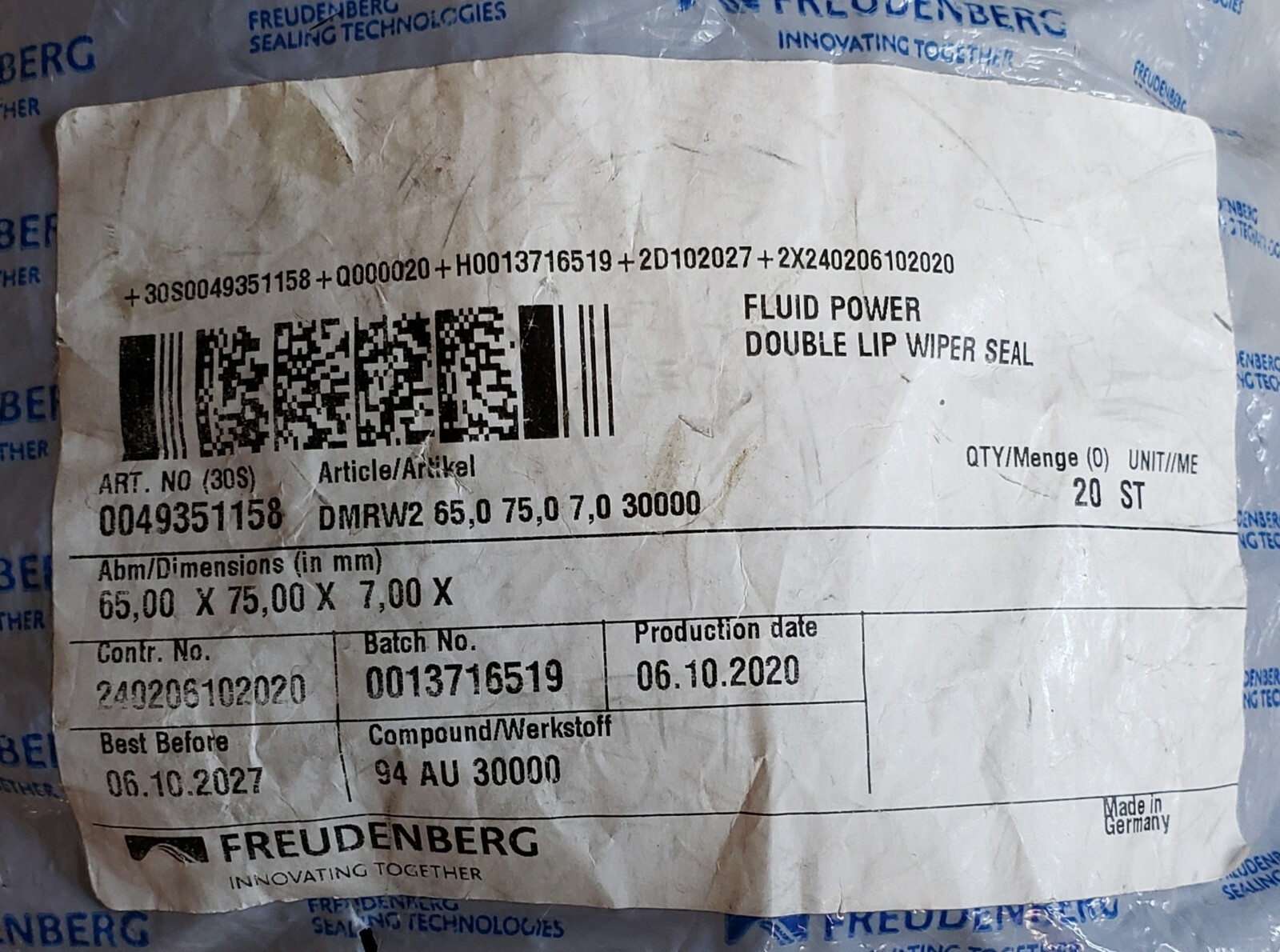 FREUDENBERG SEALING TECHNOLOGIES DMRW2 49351158 COMPOUND 94 AU 30000 65X75X7mm
