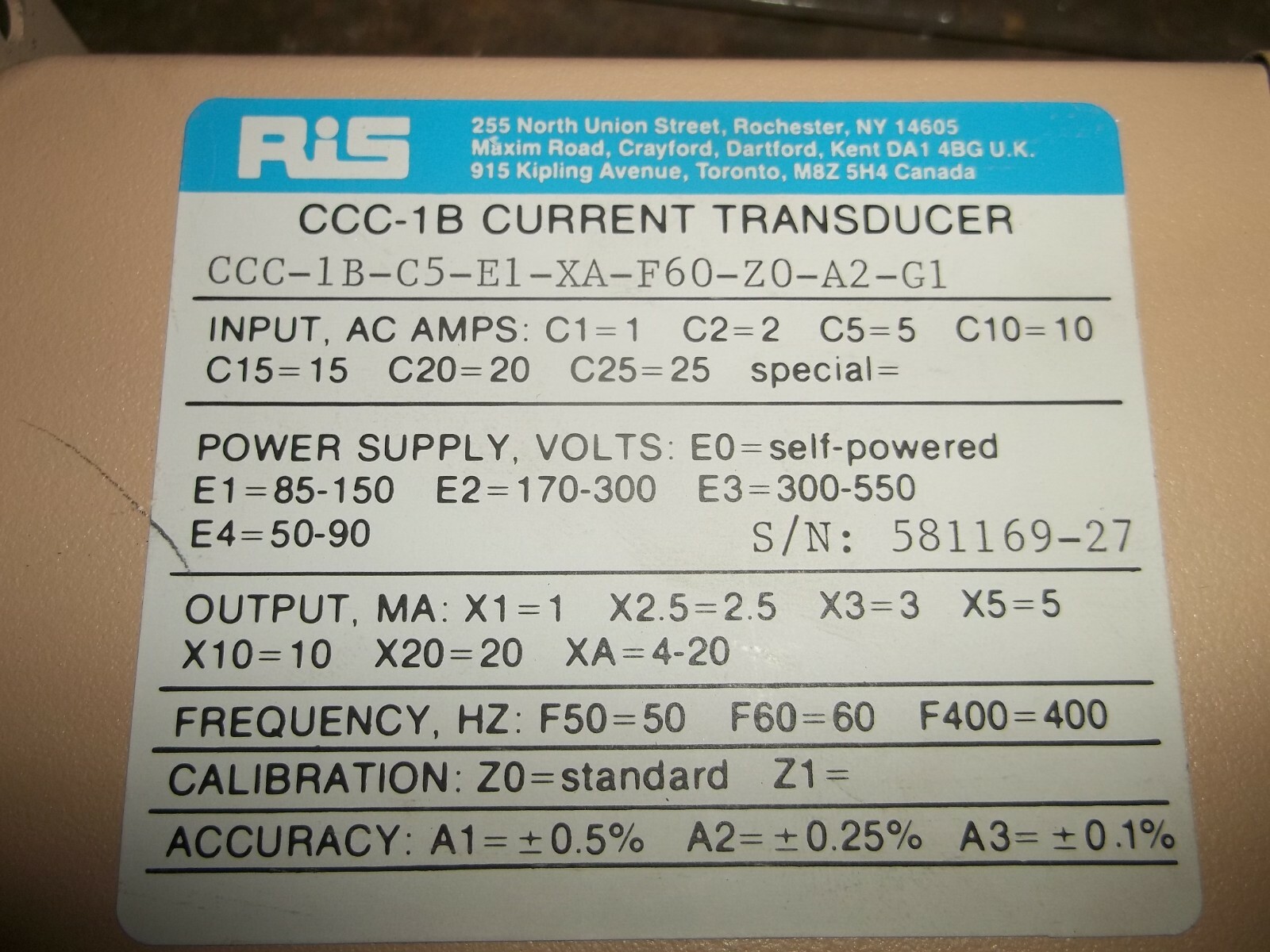 RIS ROCHESTER INSTRUMENTS CCC-1B-C5-E1-XA-F60-Z0-A2-G1 CURRENT TRANSDUCER (C2)