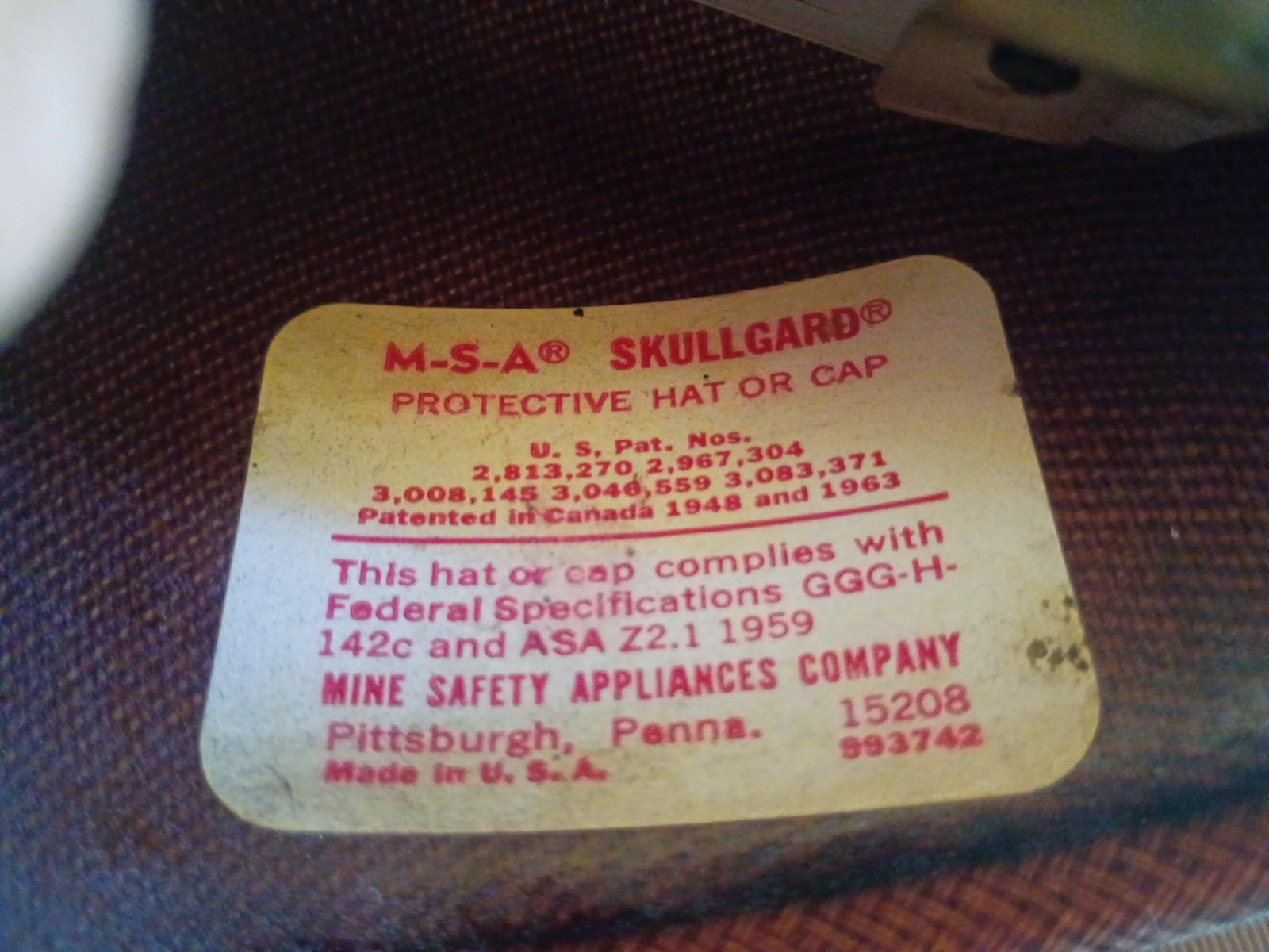 1960s MSA Skullgard Westinghouse industrial fiberglass safety hard hat