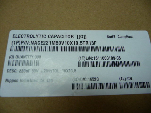 N I C COMPONENTS NACE221M50V10X10.5TR13F Qty of 275 per Lot CAPACITOR ELECTROLY