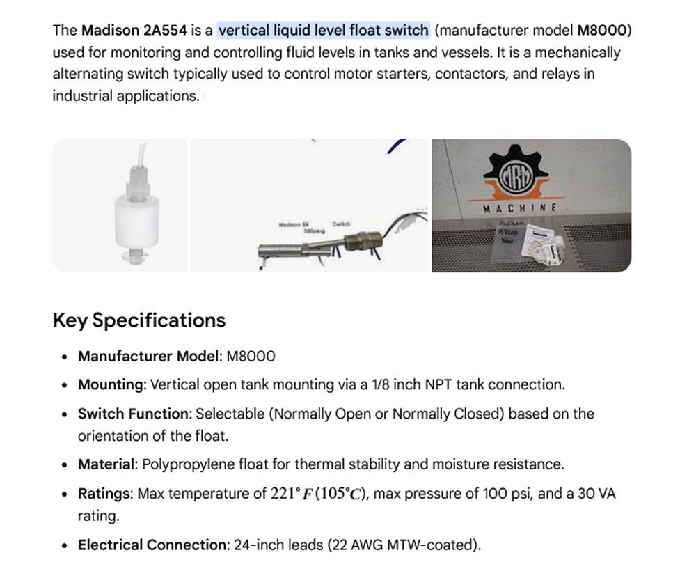 1 NEW MADISON 2A554 LIQUID LEVEL SWITCH NNB ***MAKE OFFER***