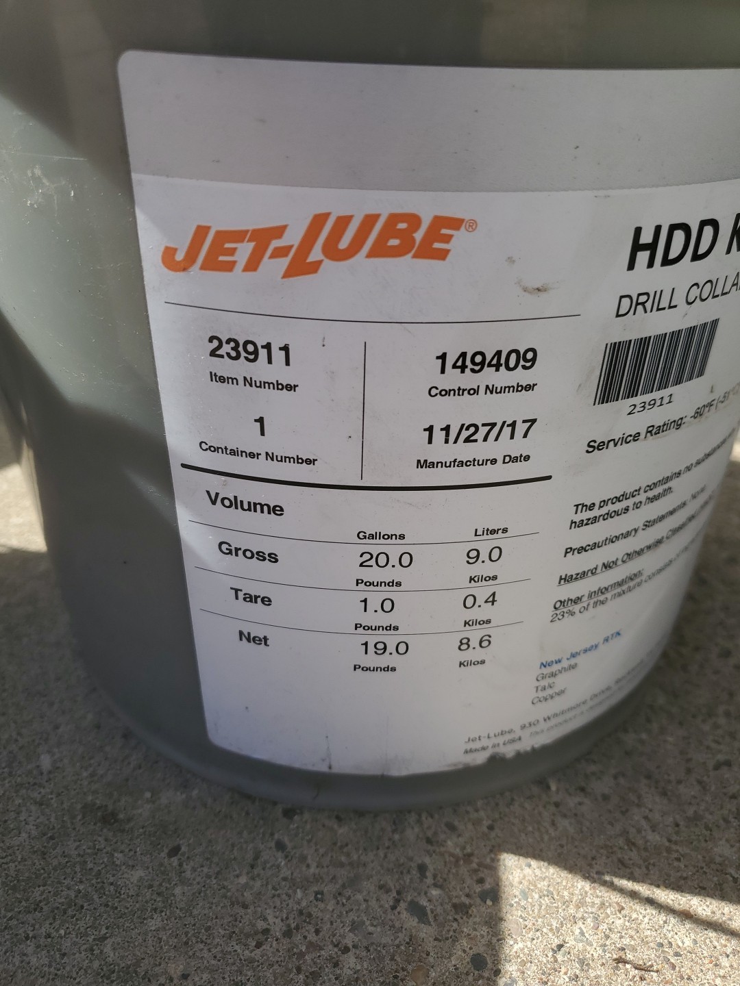 Jet Lube Hdd Kopr 19.00-lb./8.62-kg Pail 23911 Drill Collar & Tool Joint Compoud