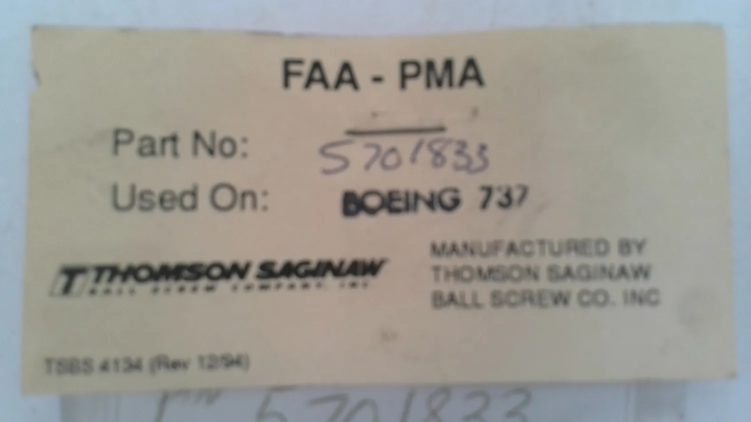 THOMSON SAGINAW 5701833 AIRCRAFT PMA THRUST REVERSER WEAR PAD BLOCK