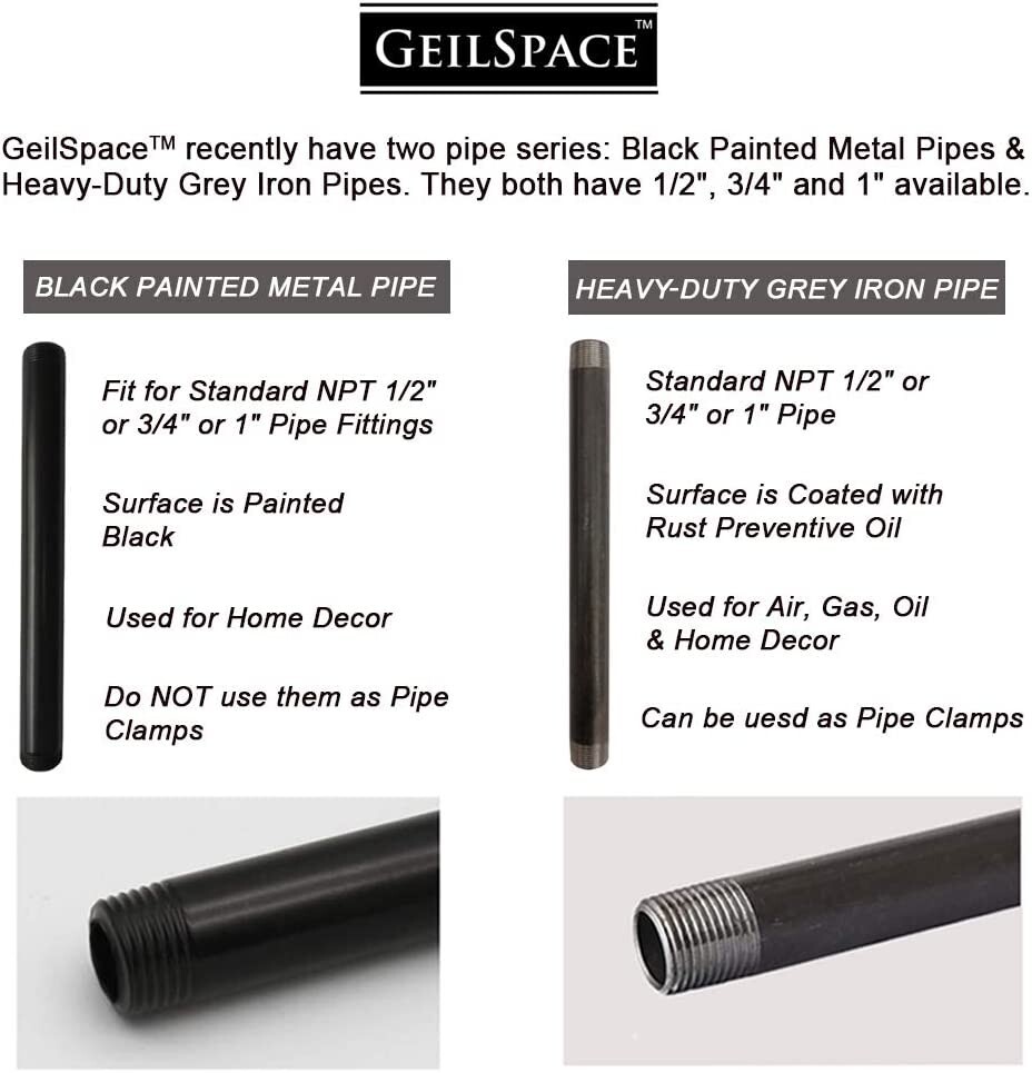Heavy Duty Pre-cut Grey Metal Pipe 16″ x GeilSpace 6 Pack 1/2″, Industrial Steel