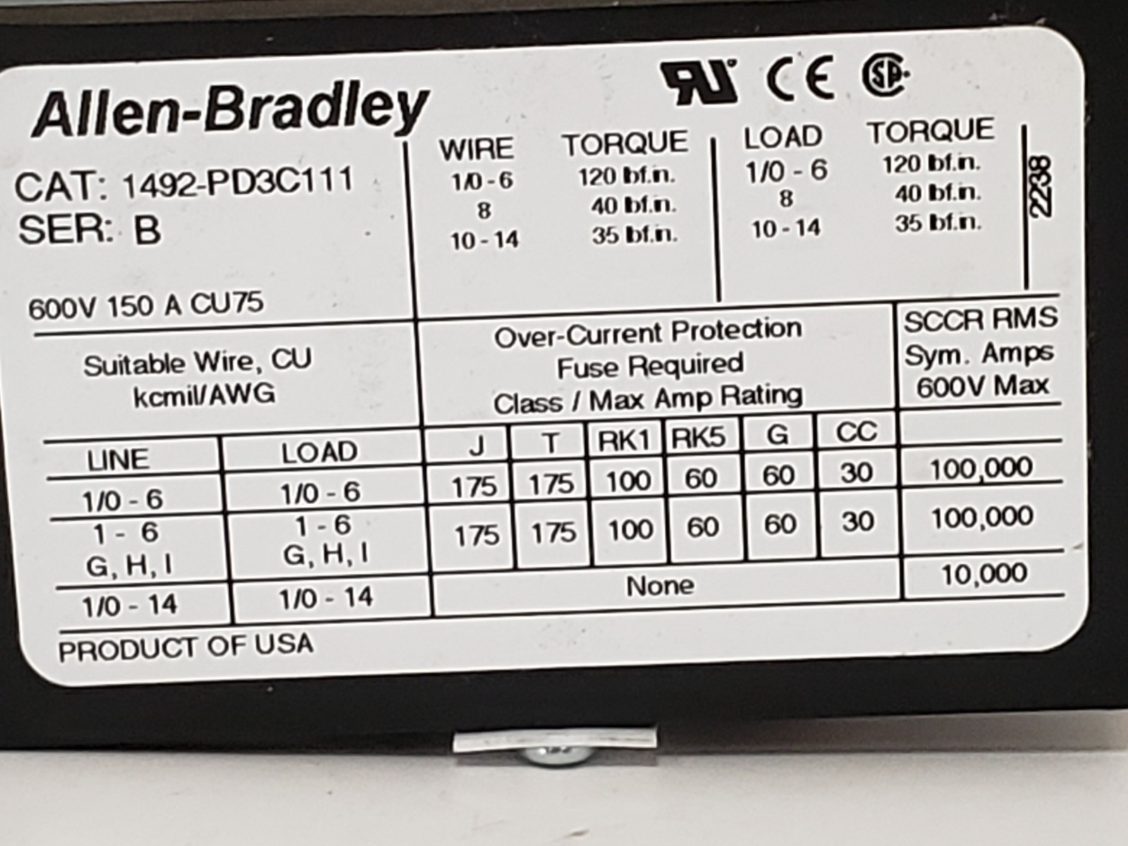 ALLEN BRADLEY 1492-PD3C111 POWER DISTRIBUTION BLOCK 3 POLE 600V 150A SER B NIB