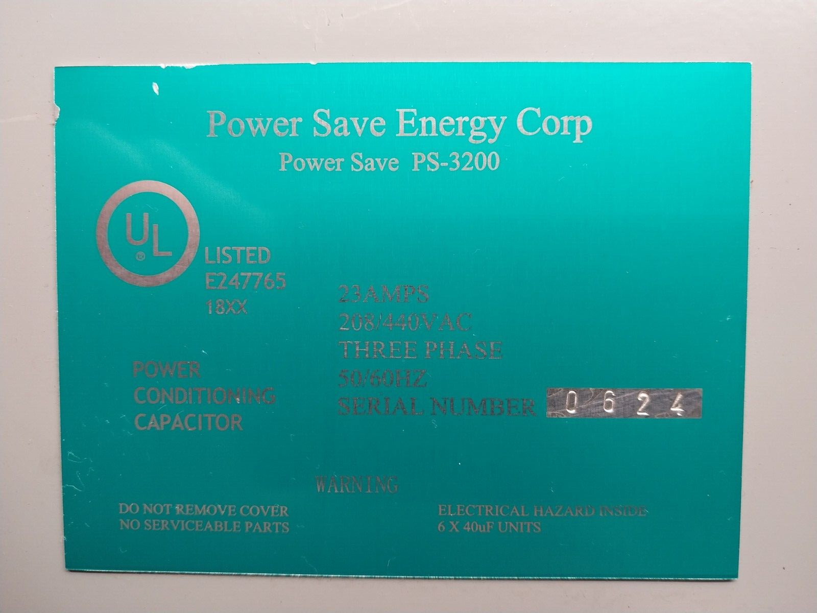 POWER SAVE ENERGY POWER CONDITIONING CAPACITOR 23 AMP 208/440 VAC 3Ø PS-3200