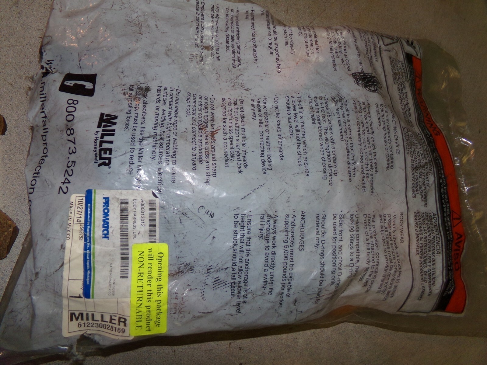 NEW Miller Honeywell body Harness A000013012 L/XL *FREE SHIPPING*