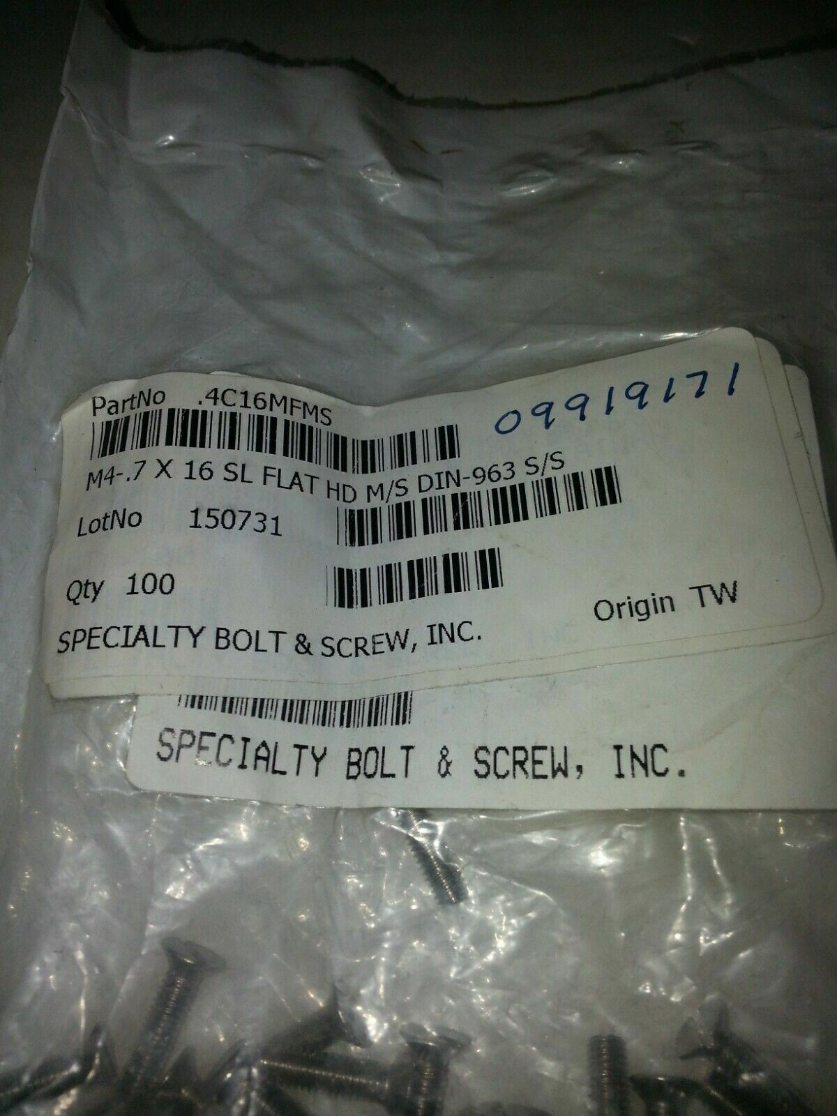 SPECIALTY 4C16MF M4-0.7X16 SL FLAT HD M/S DIN-963 S/S BOLT SCREW .. APROX 100
