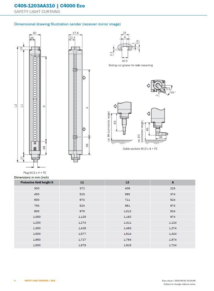 Sick C4000 ECO set of C40S-1203AA310/1027476 and C40E-1203AN310/1027477 24VDC 6m