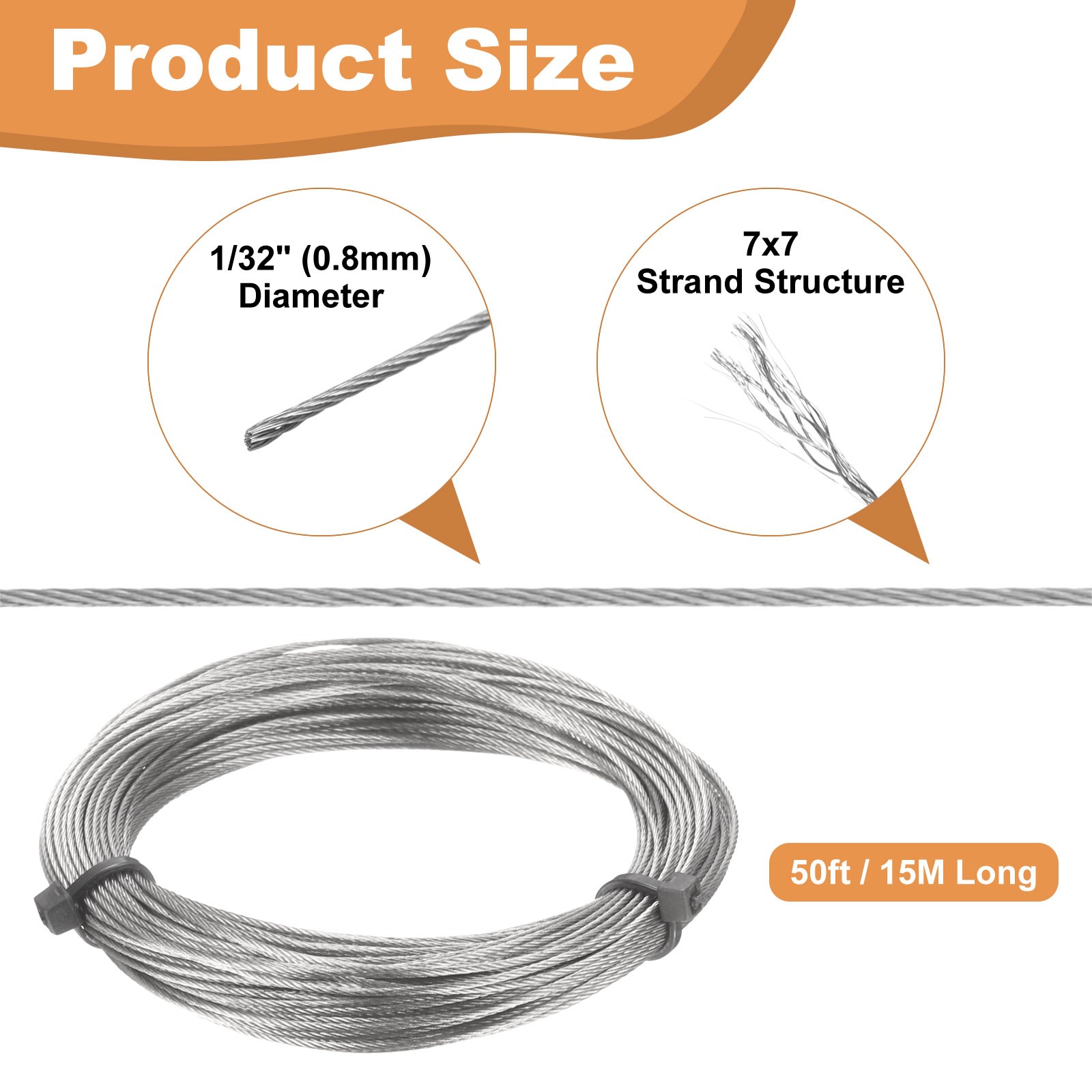 50ft (15M) 0.8mm Stainless Steel Wire Rope 7×7 Strand with 20pcs Loop Sleeves