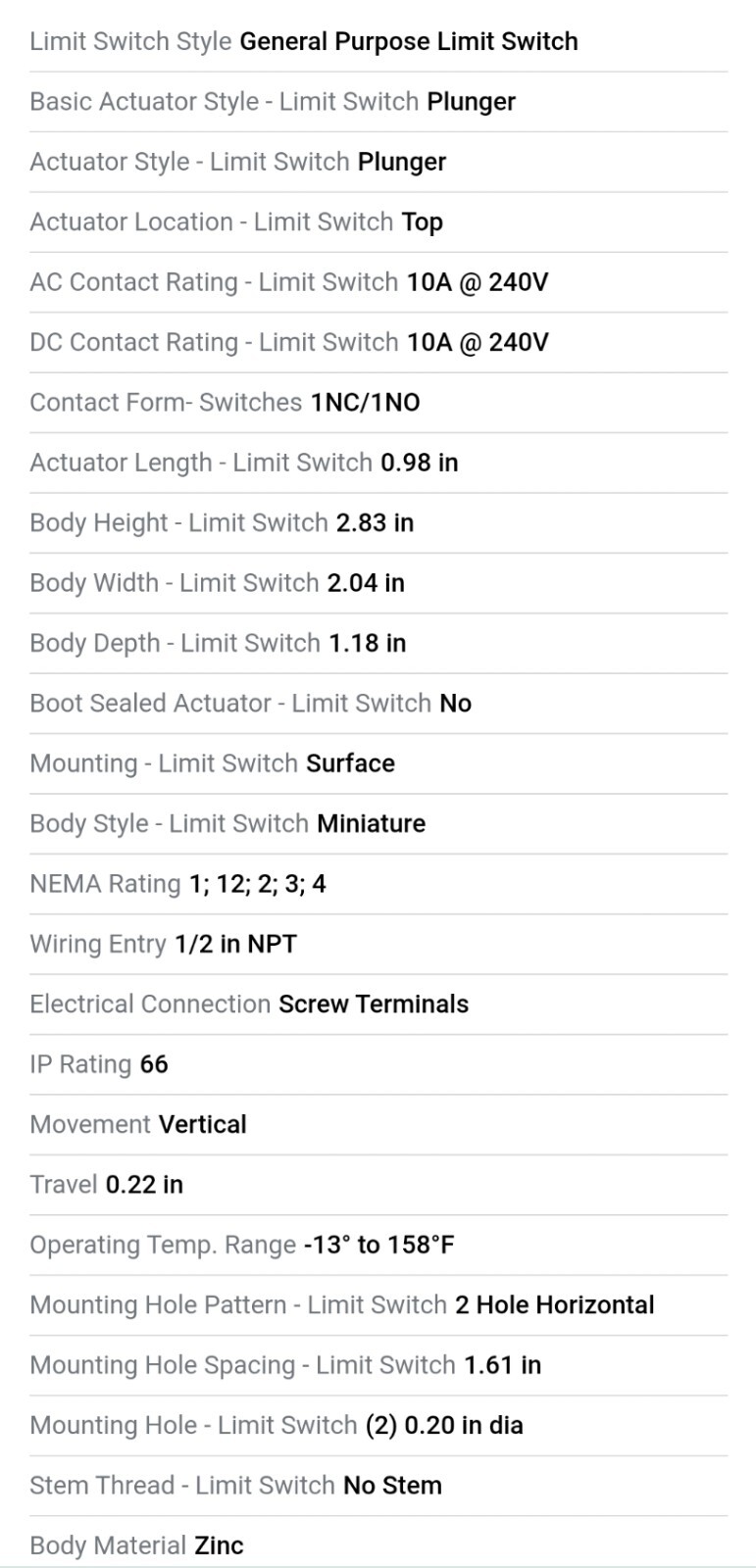 XCKL110H Telemecanique Sensor . Limit Switch: 1NC/1NO, 10A @ 240V, 10A @ 240V