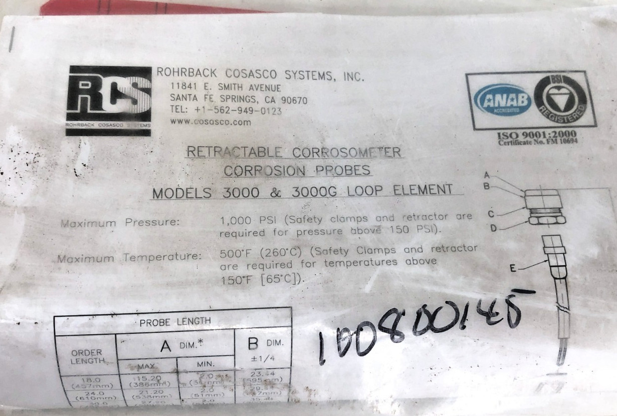New Rohrback Cosasco 3001-W40-K03005-30 Corrosometer Type A Span 10 1000psi