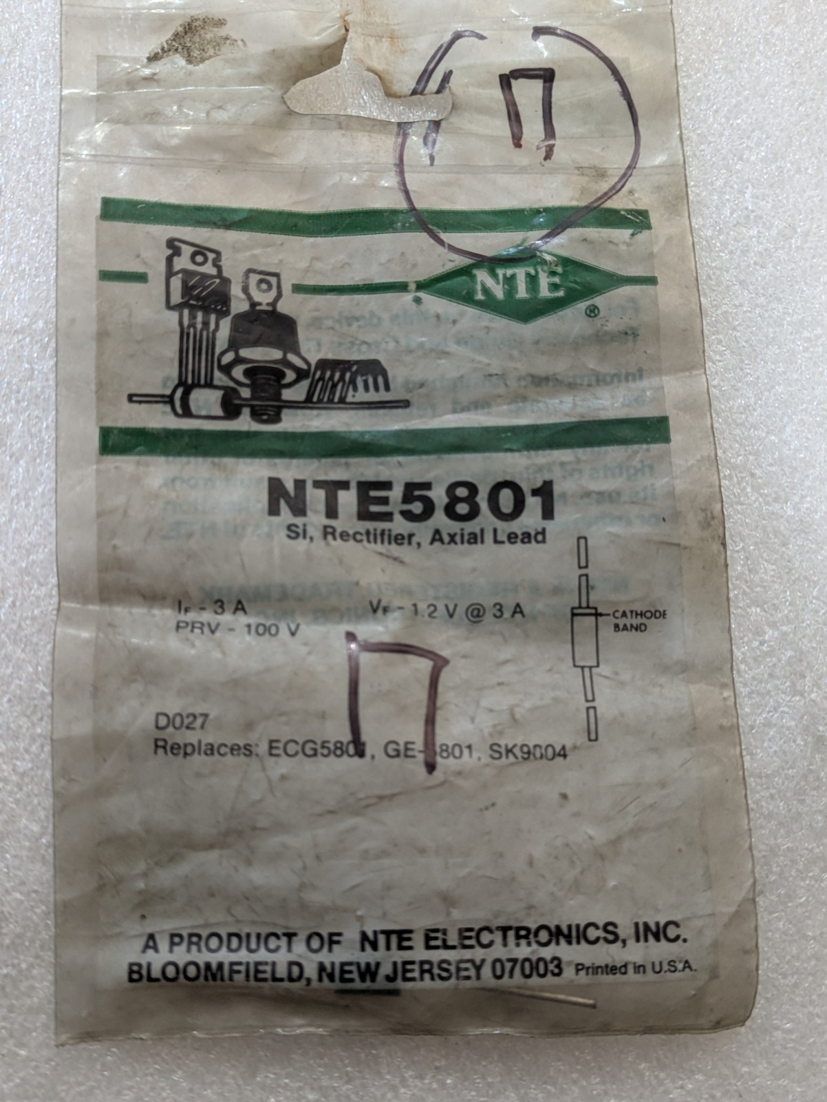 NTE Electronics NTE5801 3A 100V Silicon Rectifier Diode DO-27 LOT OF 7!
